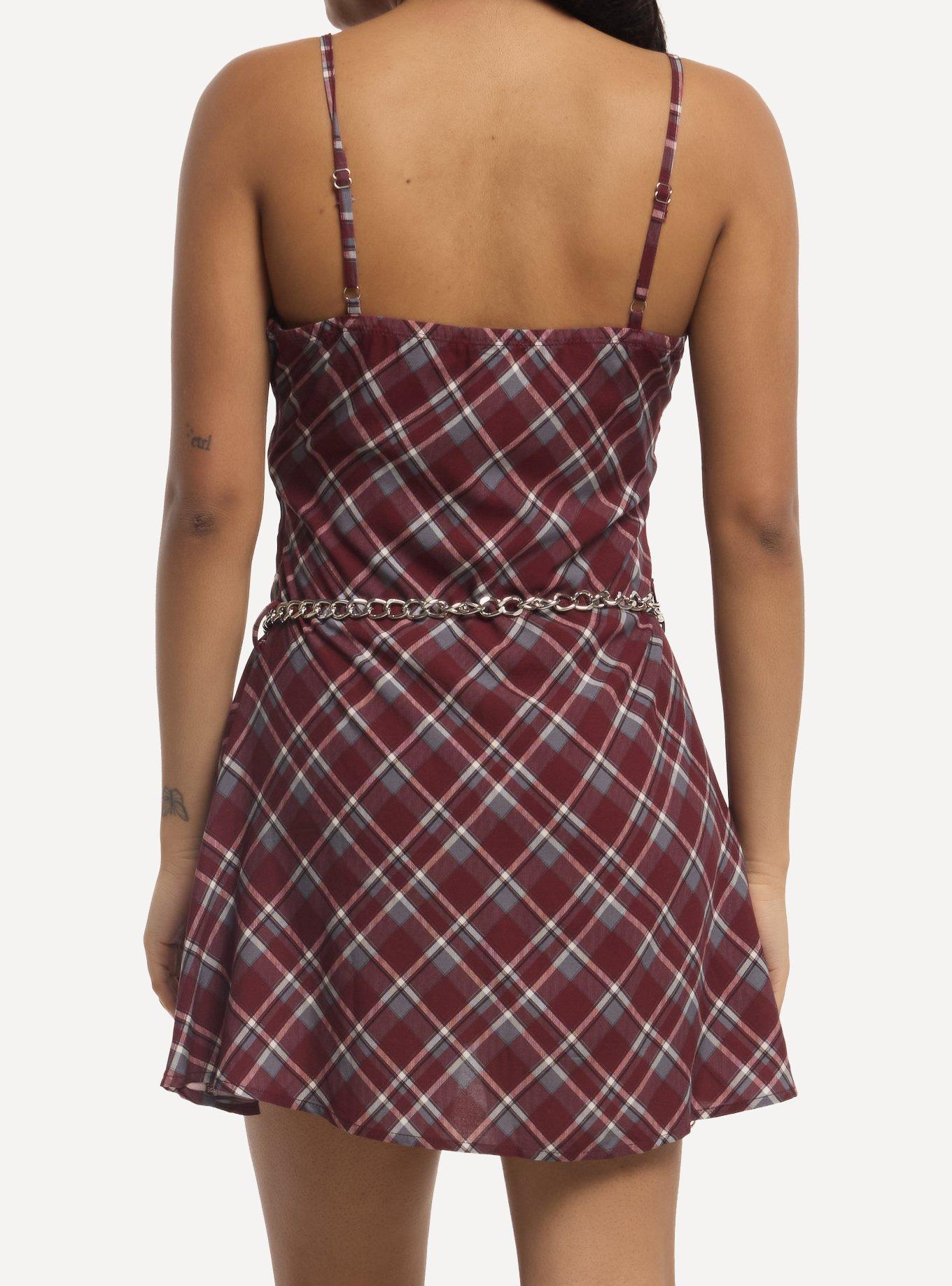 Social Collision Burgundy Plaid Cami Dress With Belt, MULTI, alternate - view 3