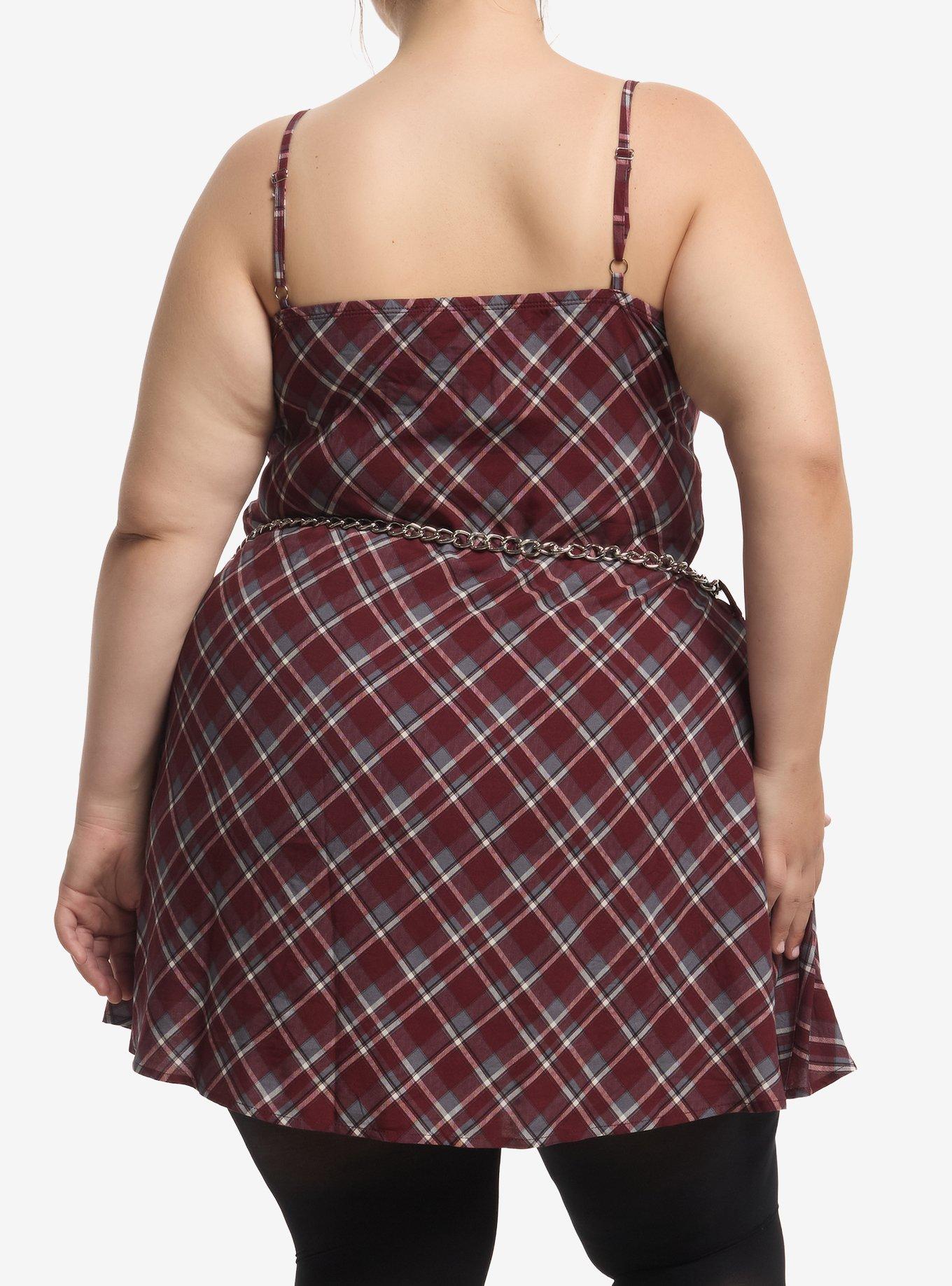 Social Collision Burgundy Plaid Cami Dress With Belt Plus Size, , hi-res