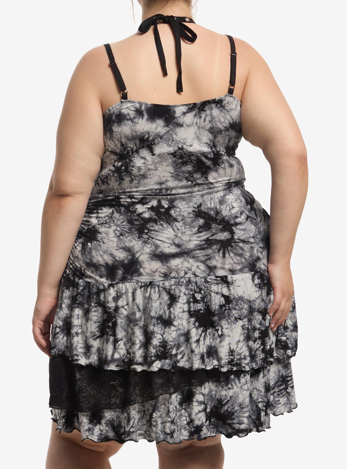 Social Collision Tie-Dye Halter Layered Mini Dress Plus Size, , hi-res