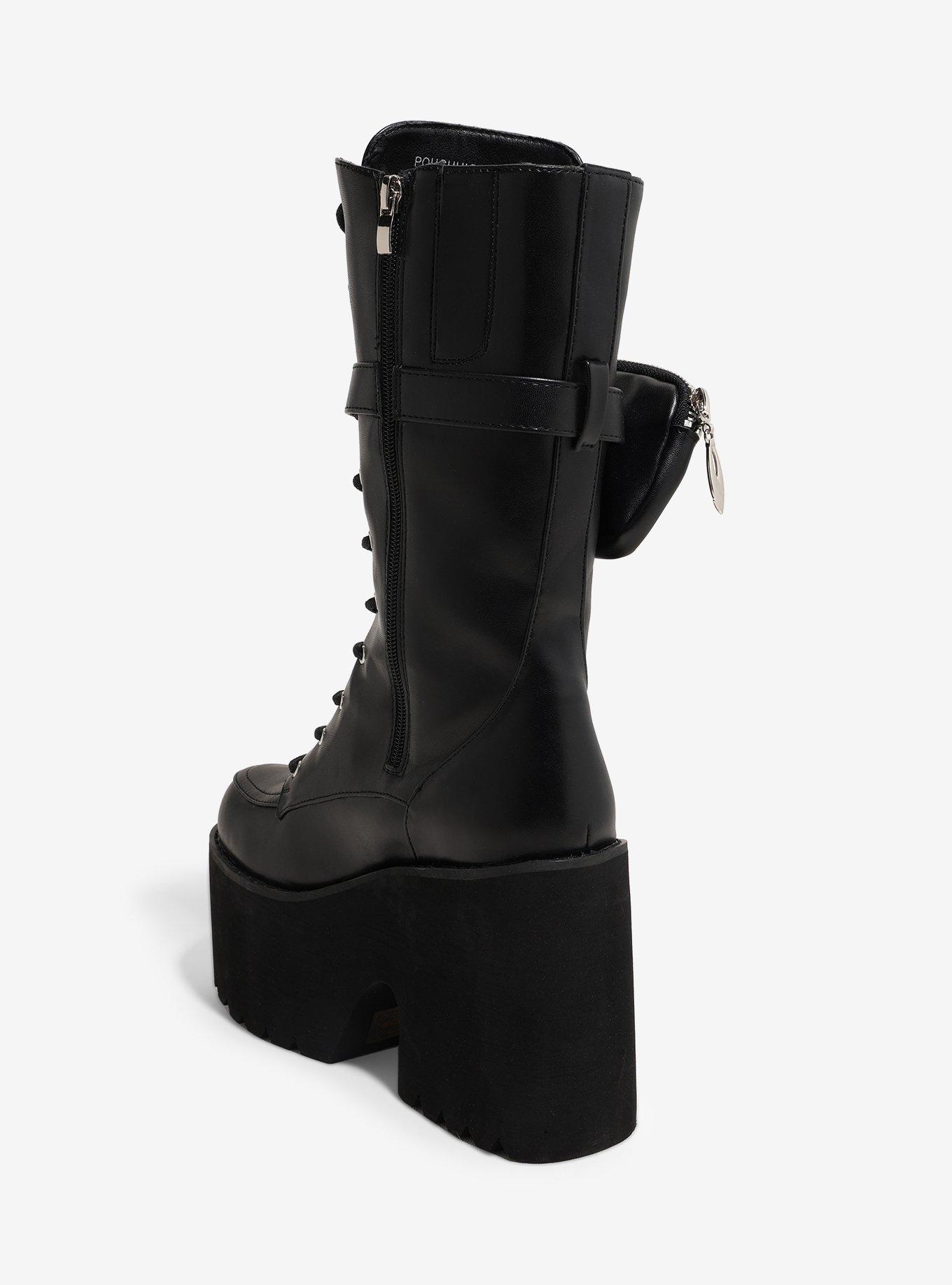 Black Pouch Lace-Up Platform Boots, , hi-res