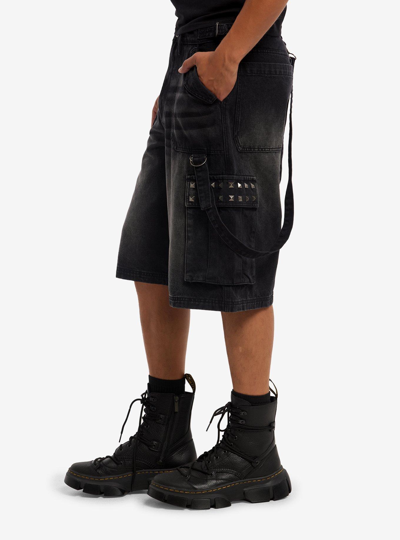 Black Wash Pyramid Stud Suspender Denim Jorts, BLACK, alternate - view 3