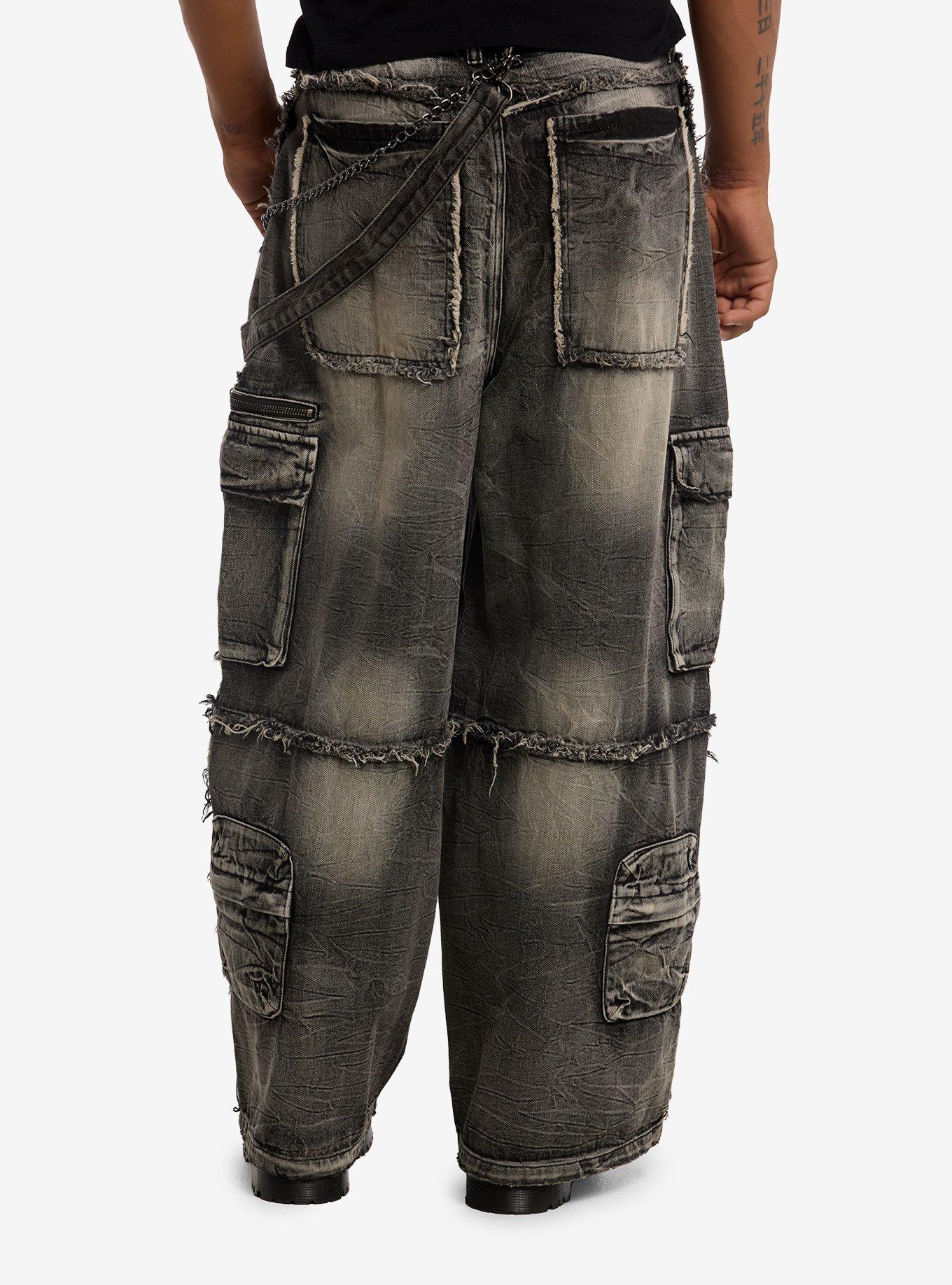 Grey Wash Strappy Cargo Barrel Jeans, , hi-res