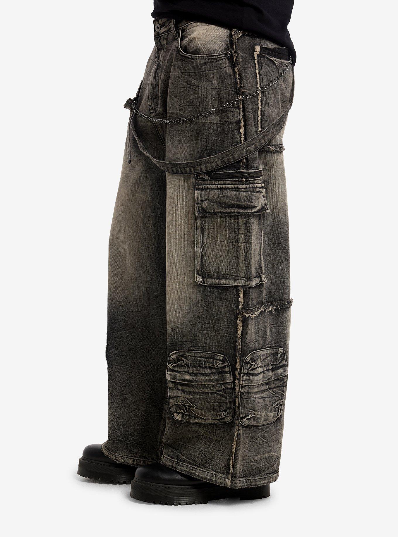 Grey Wash Strappy Cargo Barrel Jeans, GREY, alternate - view 3