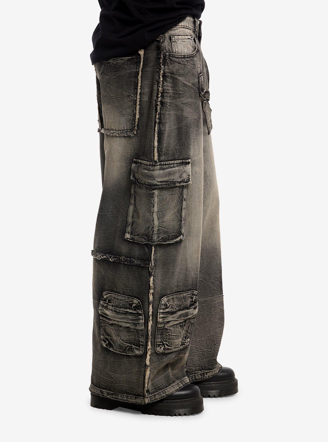Grey Wash Strappy Cargo Barrel Jeans, GREY, alternate - view 4