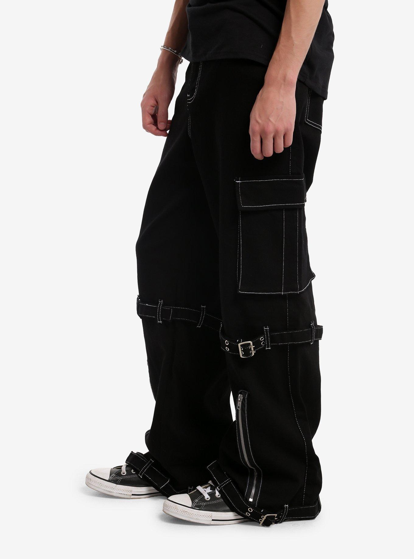 Black & White Contrast Stitch Zipper Pants, BLACK, alternate - view 3