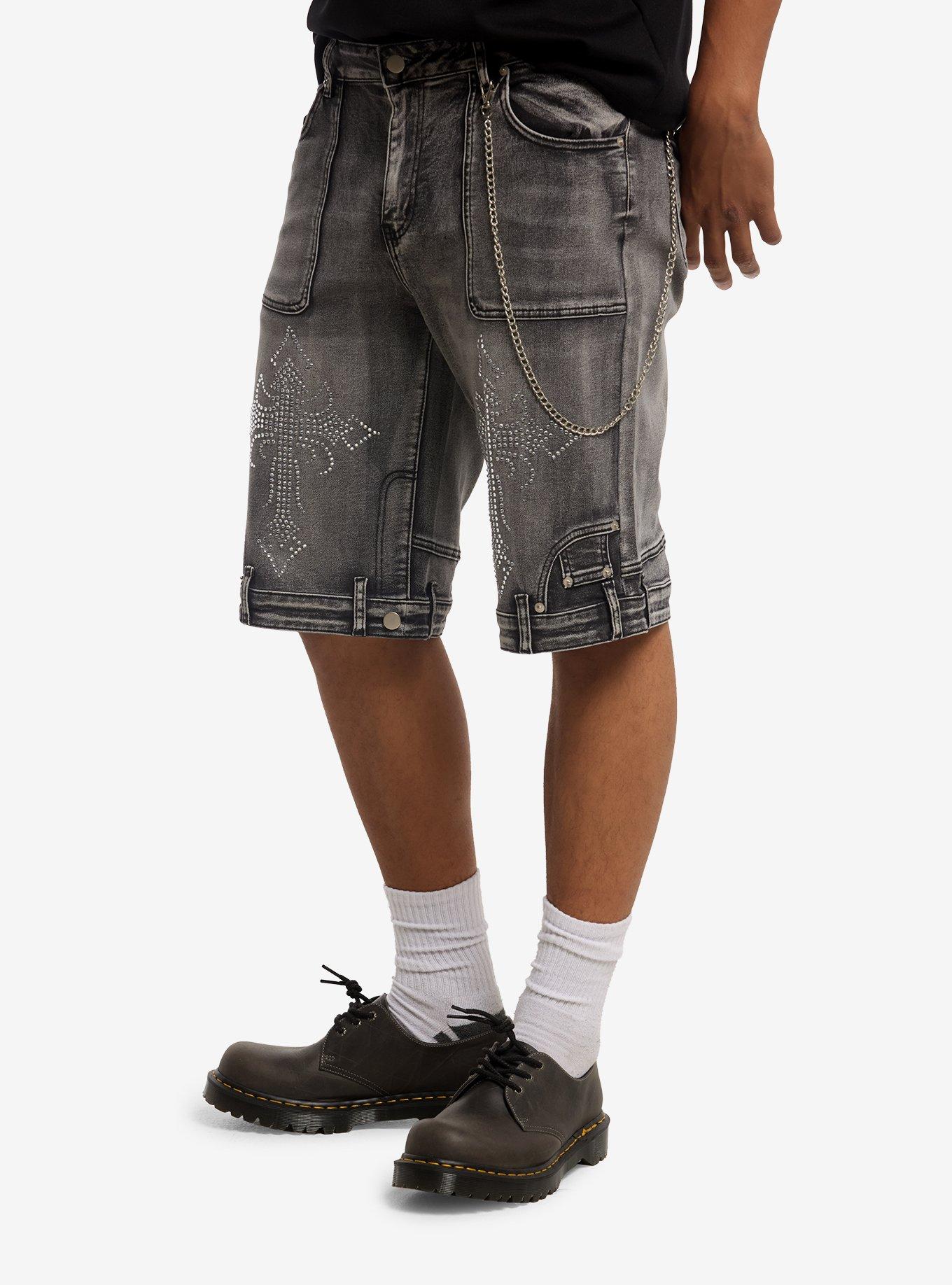 Grey Cross Rhinestone Side Chain Jorts, GREY, alternate - view 3