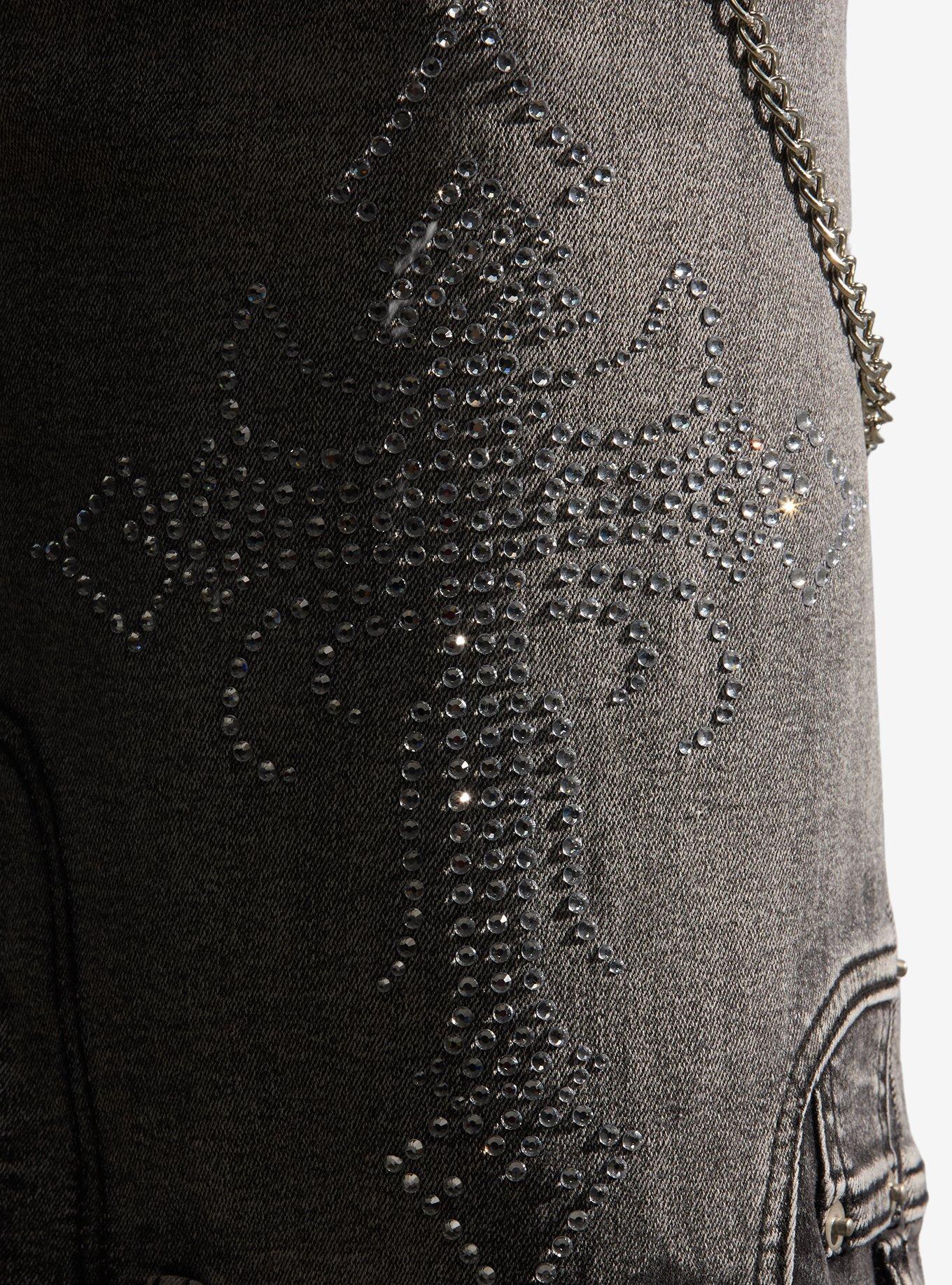 Grey Cross Rhinestone Side Chain Jorts, GREY, alternate - view 4