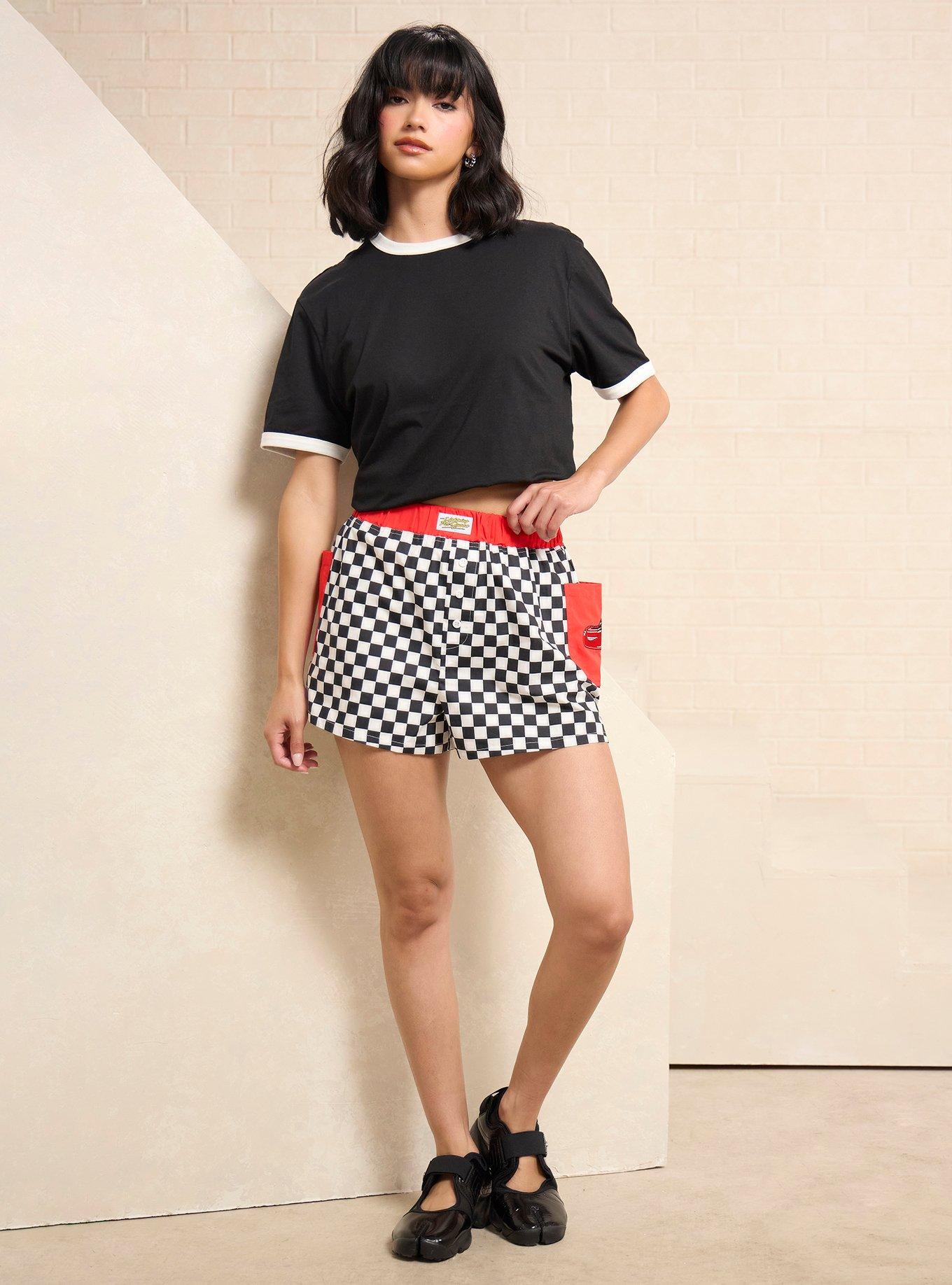 Disney Pixar Cars Lightning McQueen Checkered Women's Boxer Shorts &mdash; BoxLunch Exclusive, , hi-res