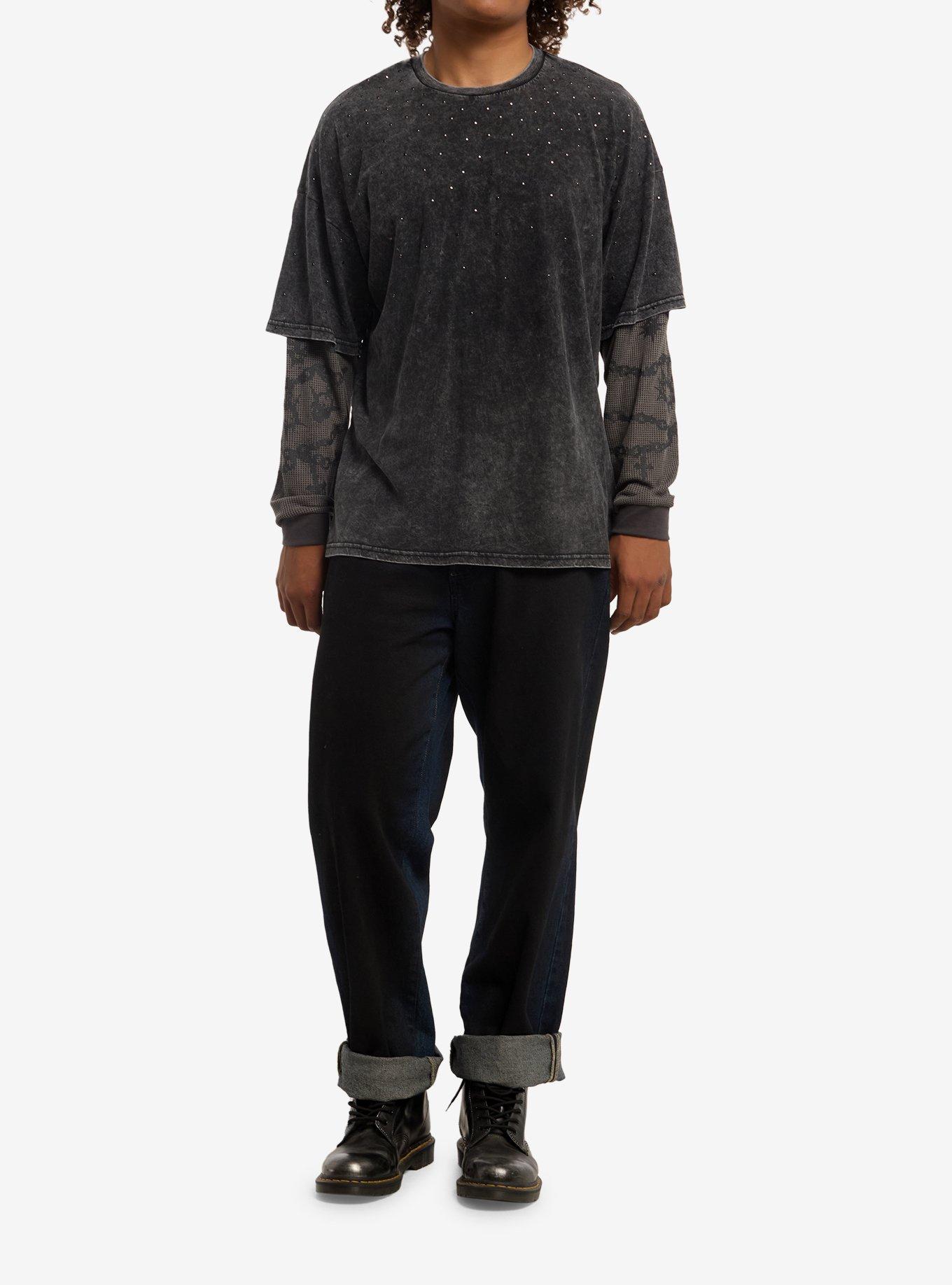 Grey Cross Chain Stud Twofer Long-Sleeve T-Shirt, , hi-res