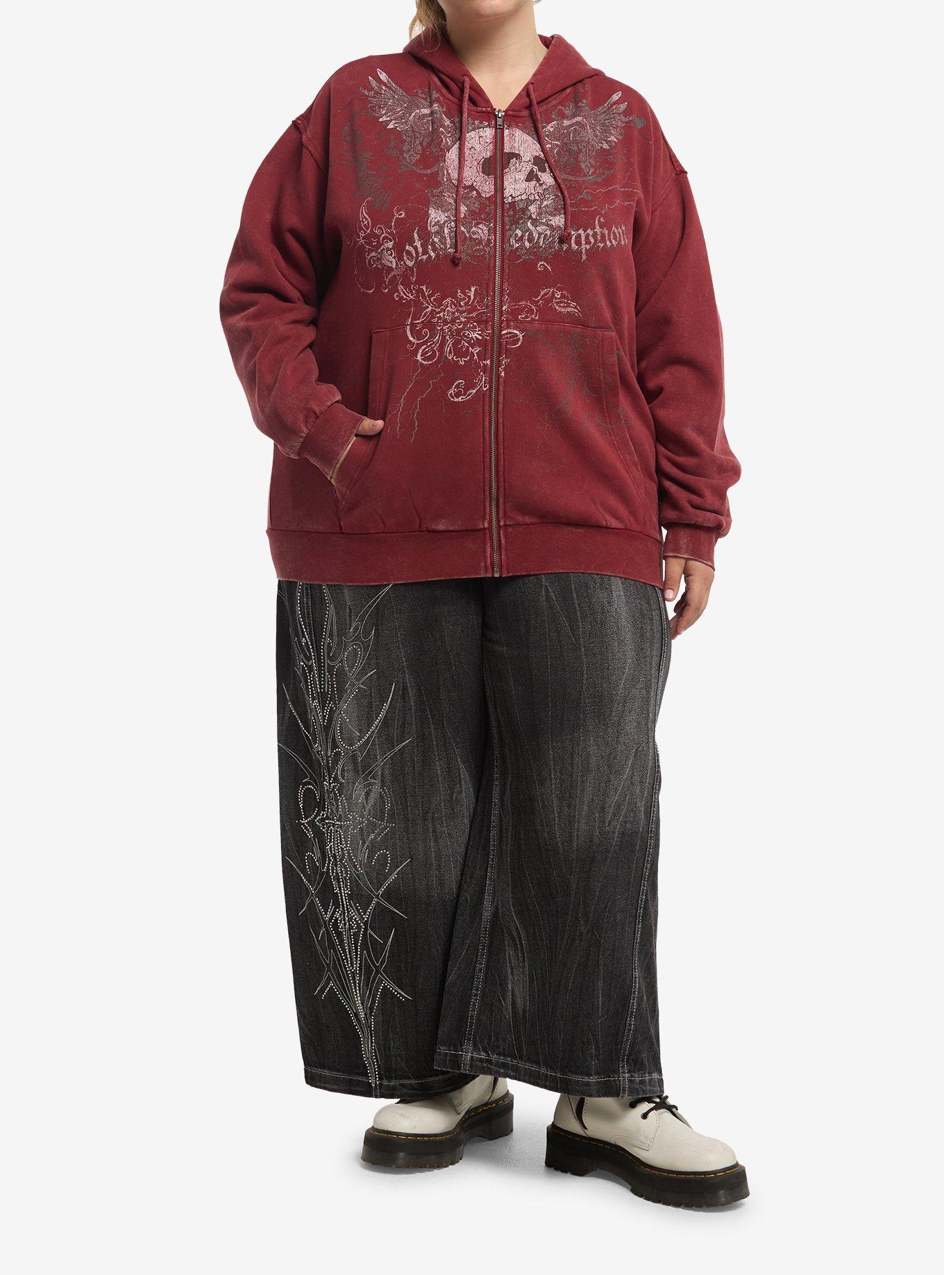 Social Collision Burgundy Winged Skull Girls Oversized Hoodie Plus Size, MULTI, alternate - view 3