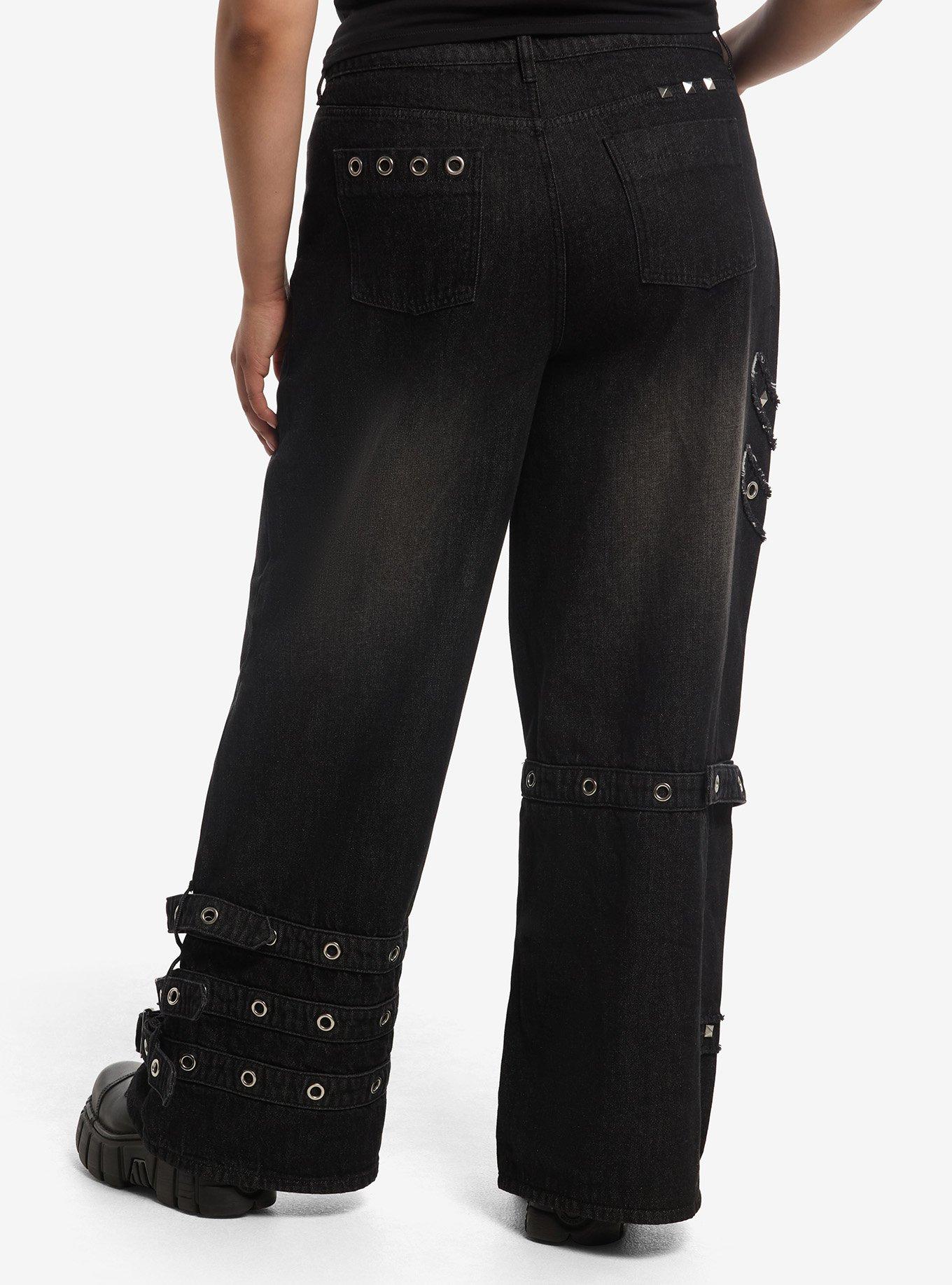 Social Collision Grommet Strap Stud Wide Leg Jeans Plus Size, , hi-res