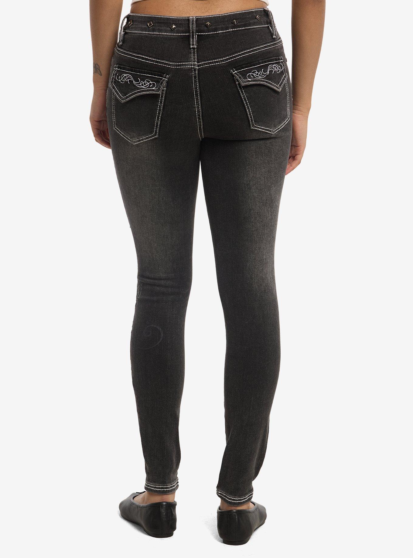 Social Collision Winged Skull Stud Skinny Jeans, , hi-res