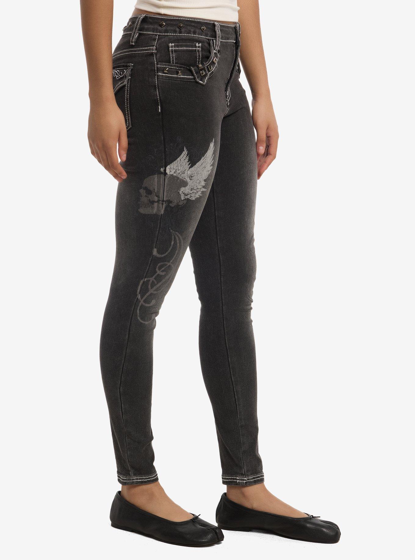 Social Collision Winged Skull Stud Skinny Jeans, MULTI, alternate - view 3