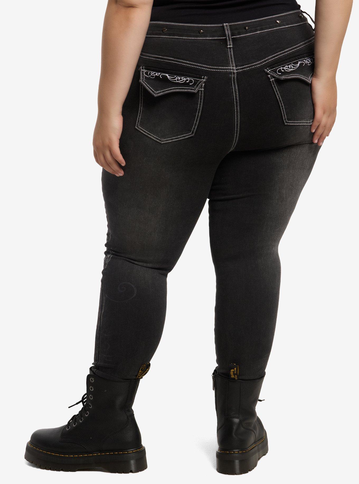 Social Collision Winged Skull Rhinestone Skinny Jeans Plus Size, , hi-res