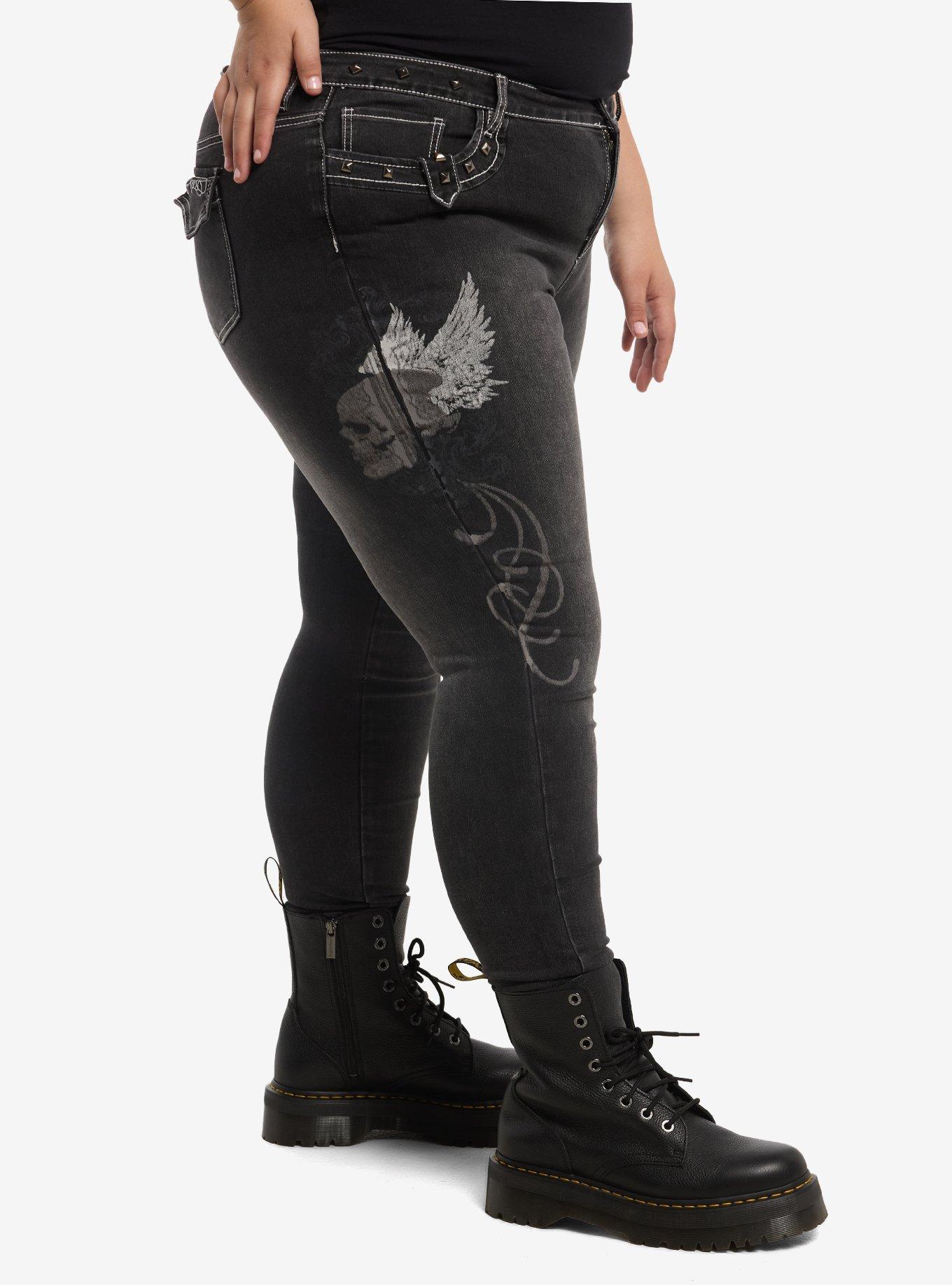 Social Collision Winged Skull Rhinestone Skinny Jeans Plus Size, MULTI, alternate - view 3