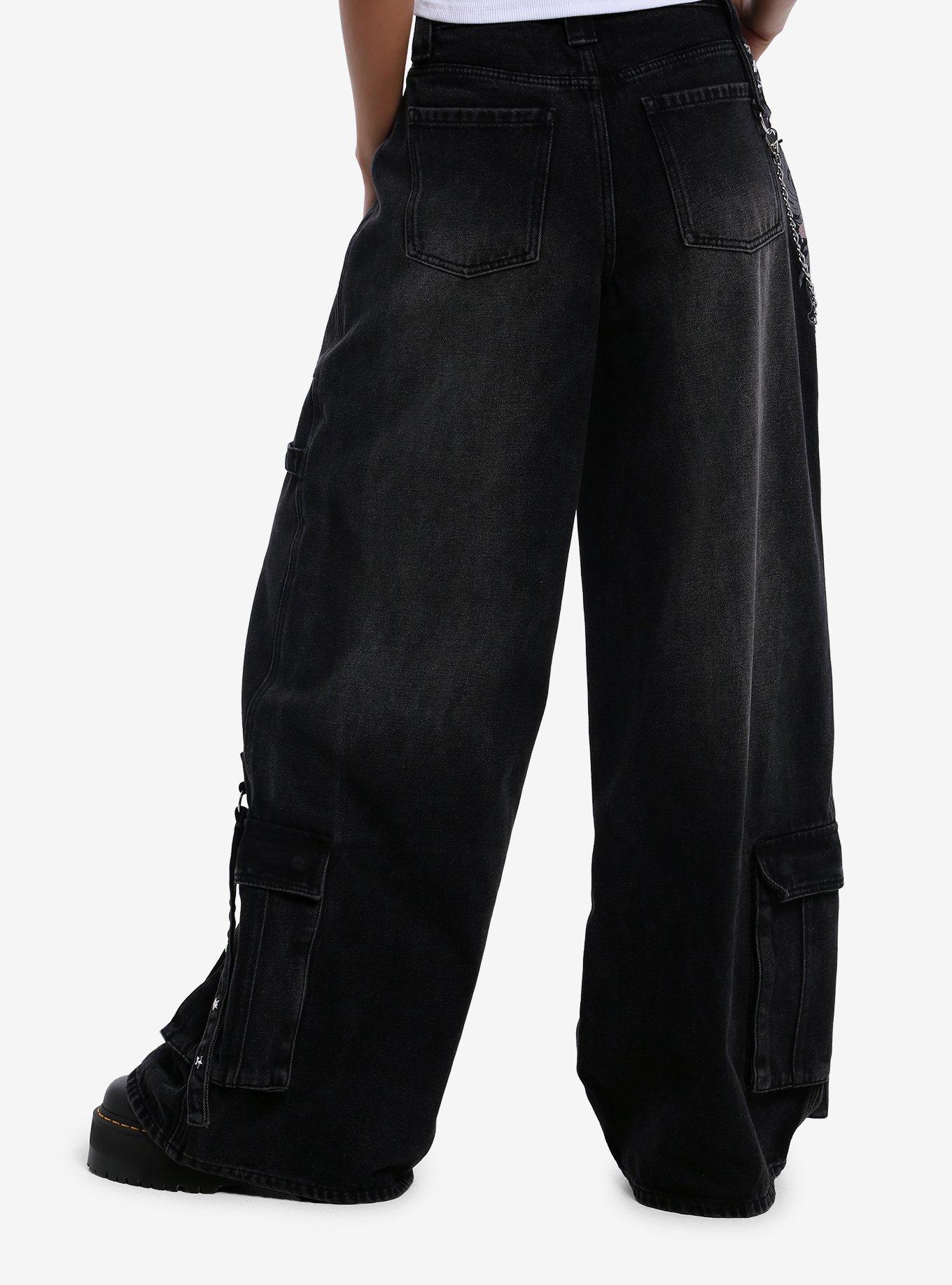 Social Collision Spray Skull Star Stud Cargo Jeans With Side Chain, , hi-res