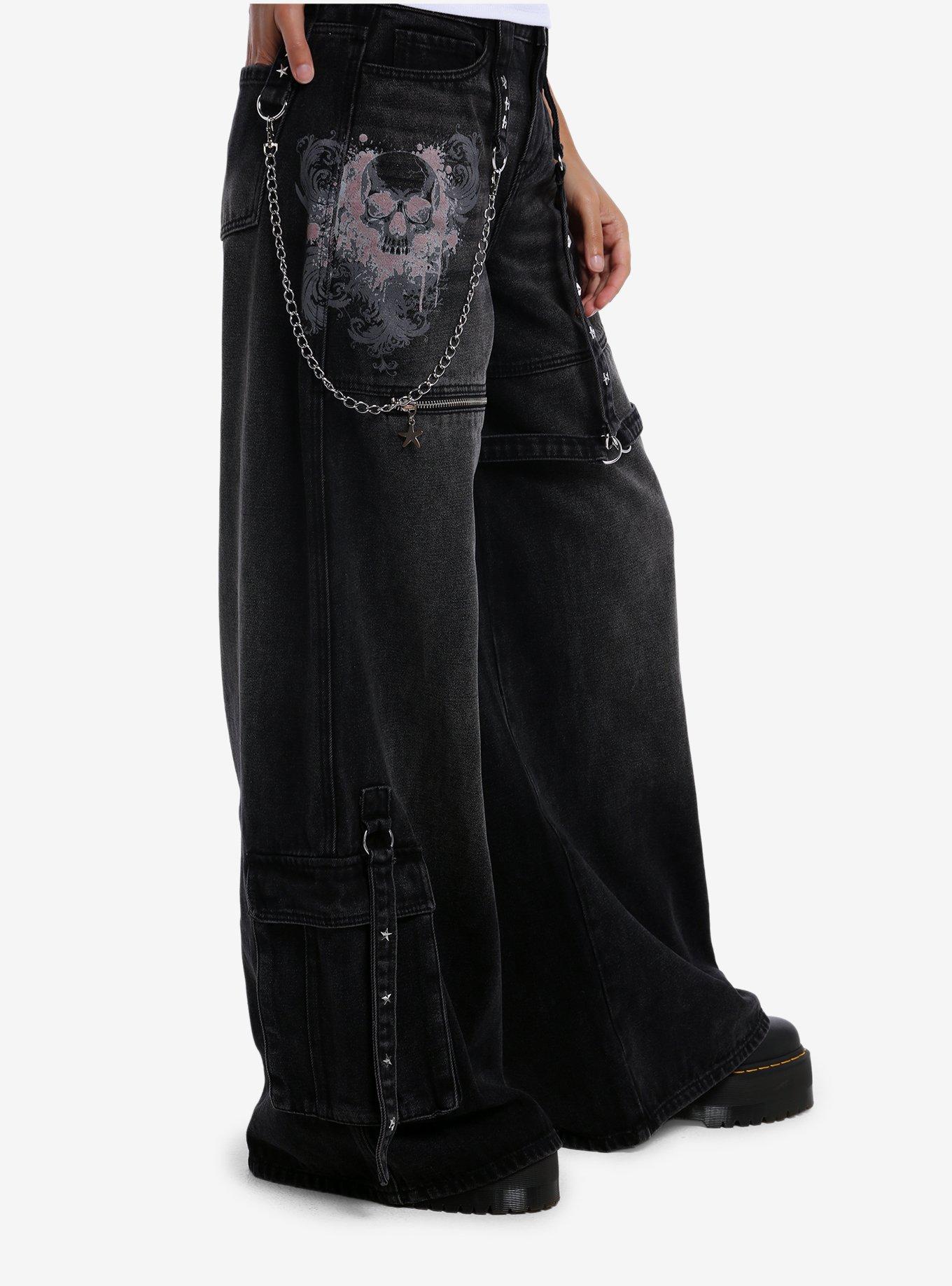 Social Collision Spray Skull Star Stud Cargo Jeans With Side Chain, MULTI, alternate - view 3