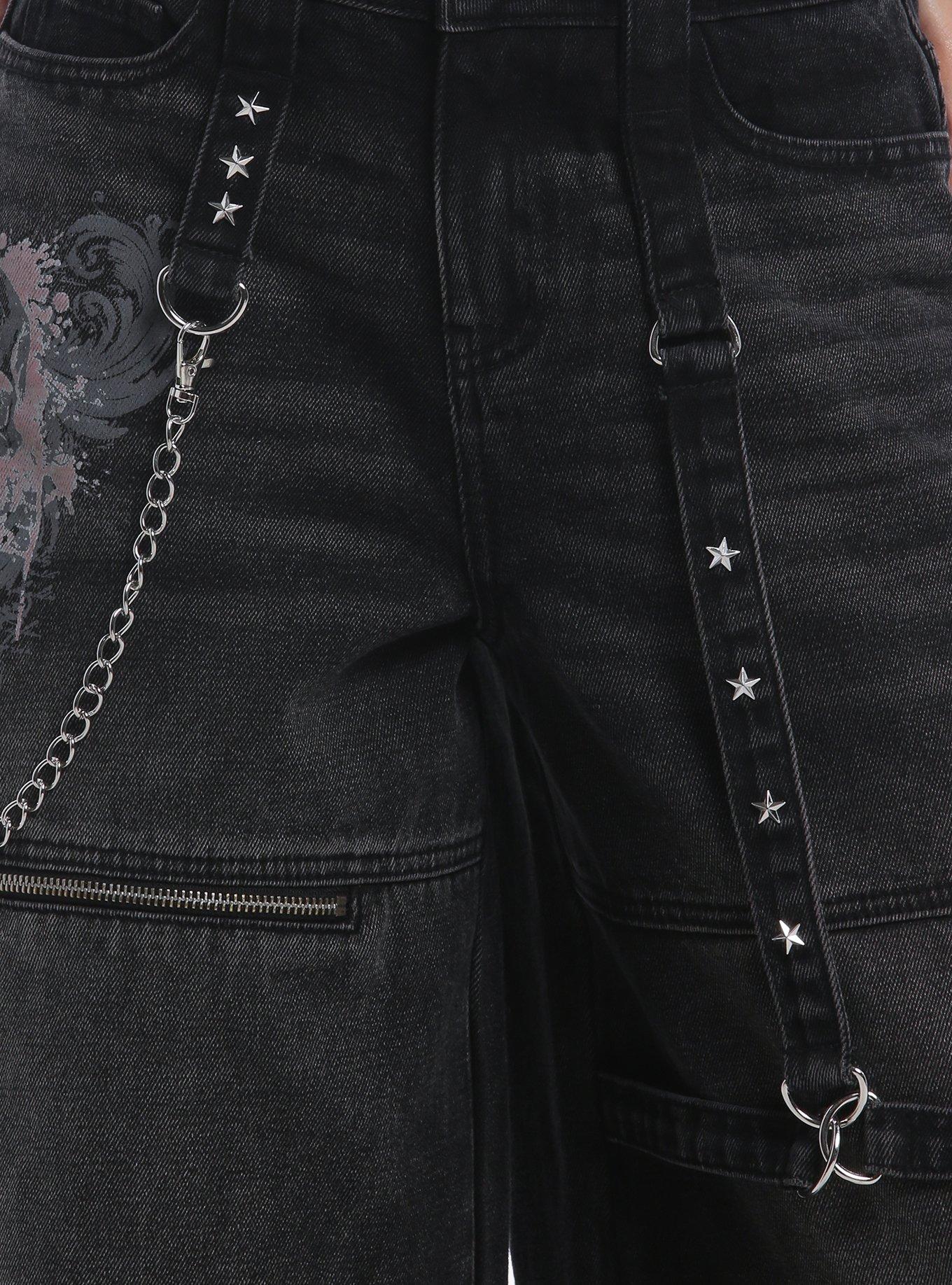 Social Collision Spray Skull Star Stud Cargo Jeans With Side Chain, MULTI, alternate - view 4