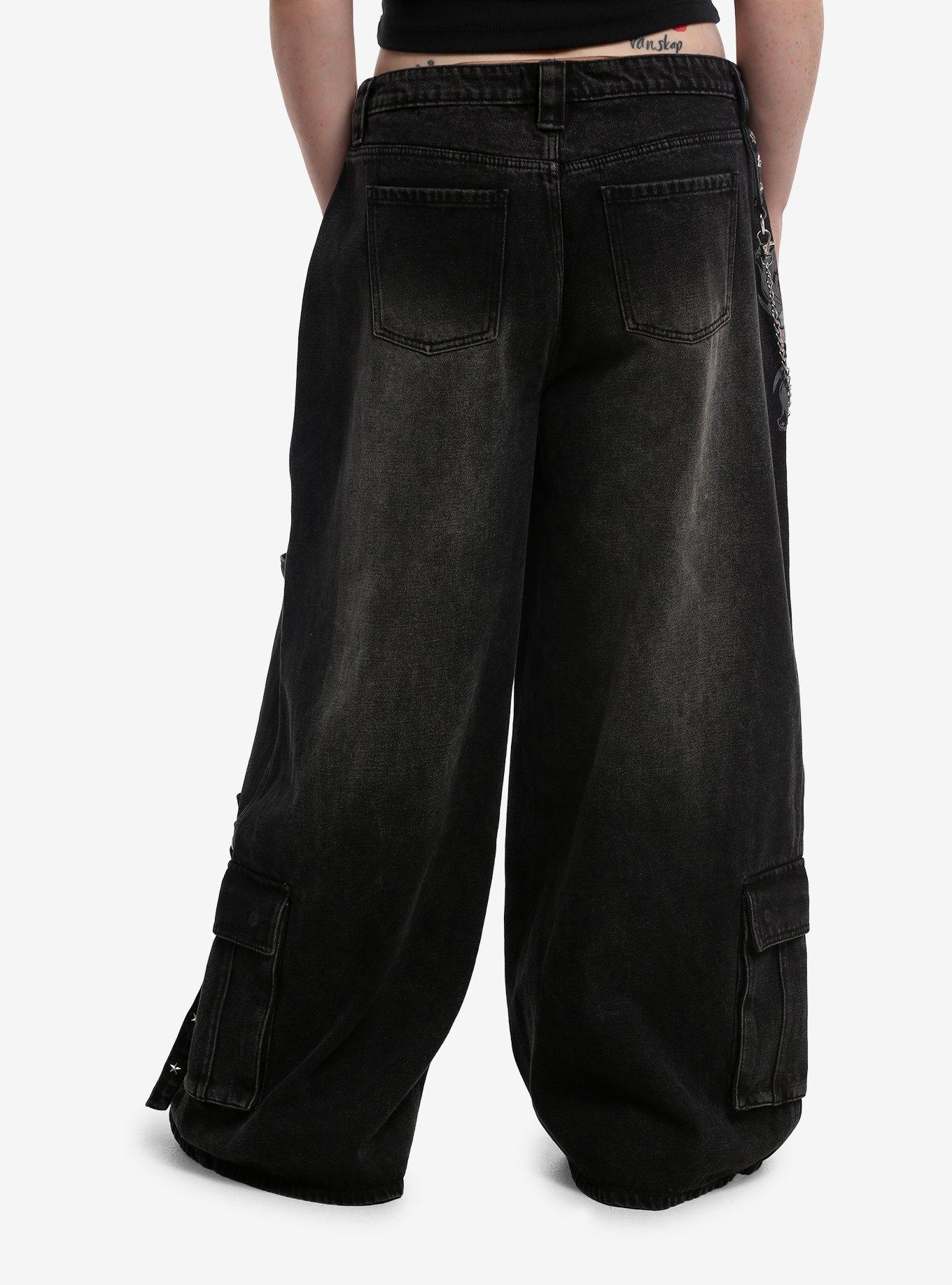 Social Collision Spray Skull Star Stud Cargo Jeans With Side Chain Plus Size, , hi-res
