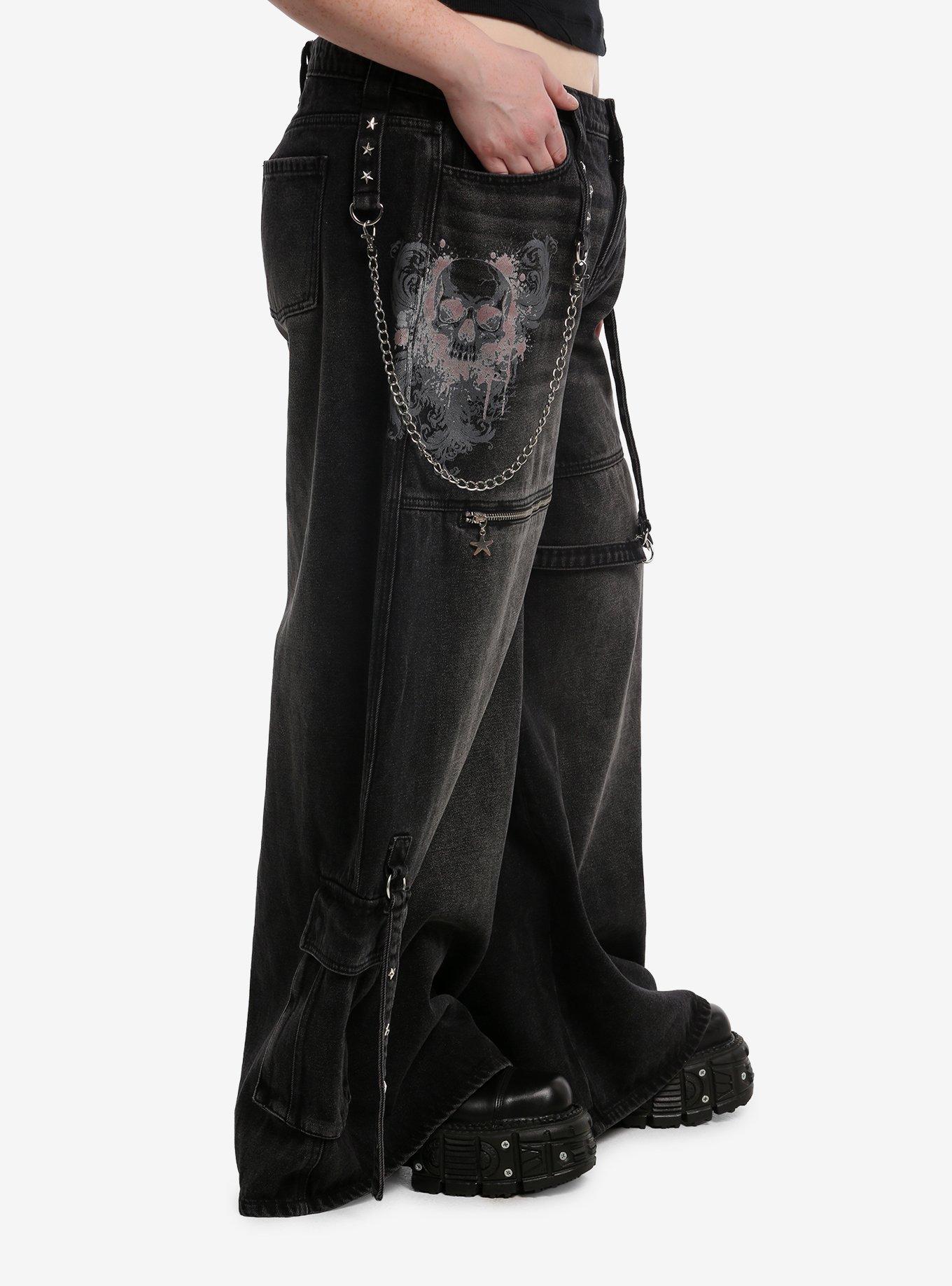 Social Collision Spray Skull Star Stud Cargo Jeans With Side Chain Plus Size, MULTI, alternate - view 3