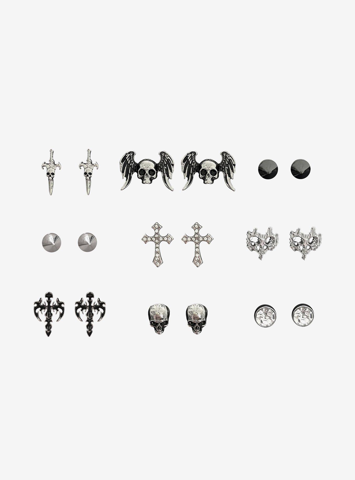 Social Collision Cyber Skull Heart Cross Stud Earring Set, , hi-res