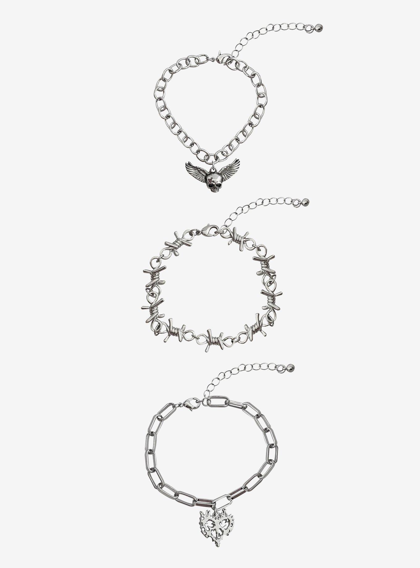 Social Collision Winged Skull Barbed Wire Bracelet Set, , hi-res