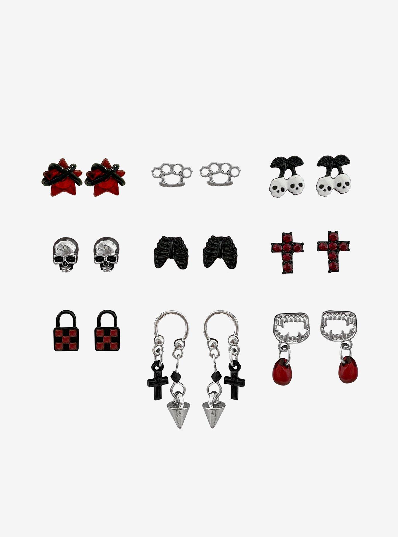 Emo Padlock Skull Cross Stud Earring Set, , hi-res