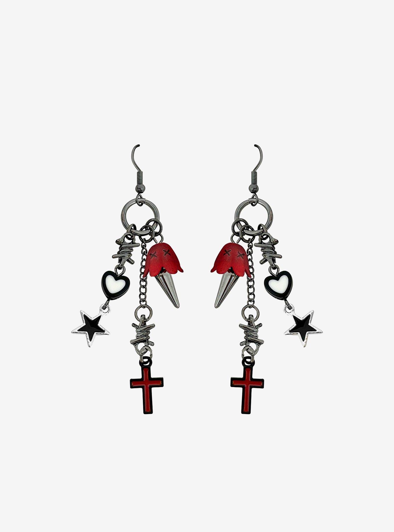 Emo Ghost Star Cross Drop Earrings, , hi-res