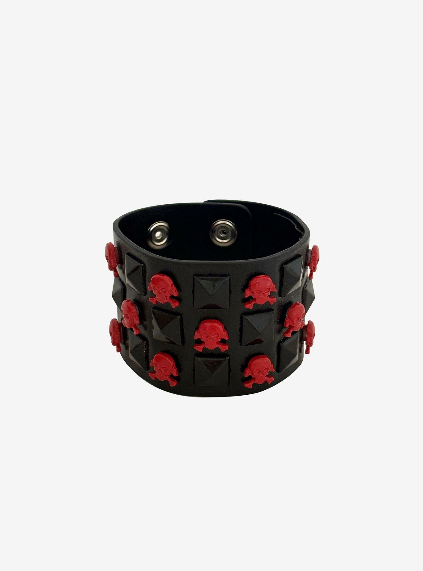 Black & Red Pyramid Skull Cuff Bracelet, , hi-res