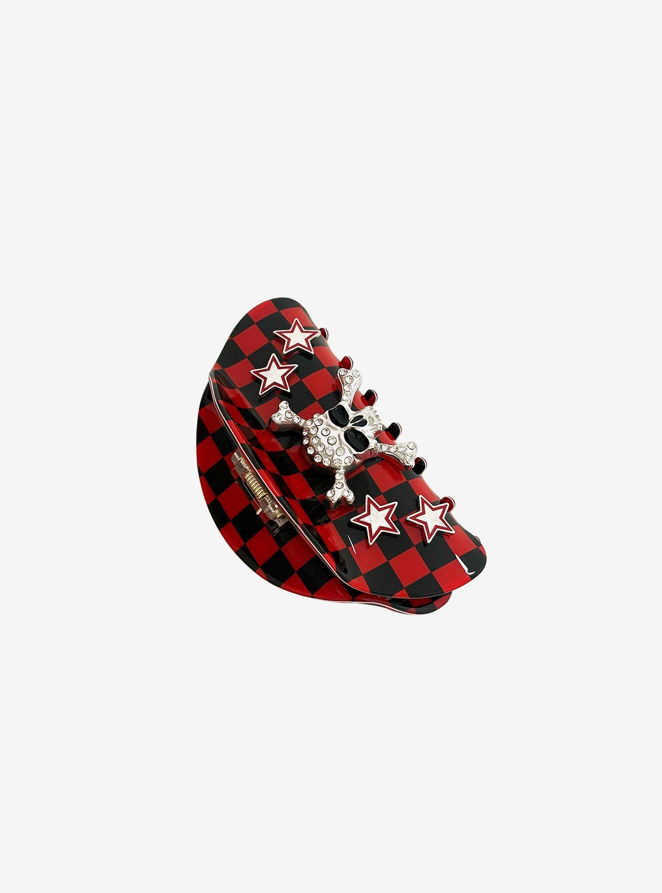 Black & Red Checkered Skull Claw Hair Clip, , hi-res