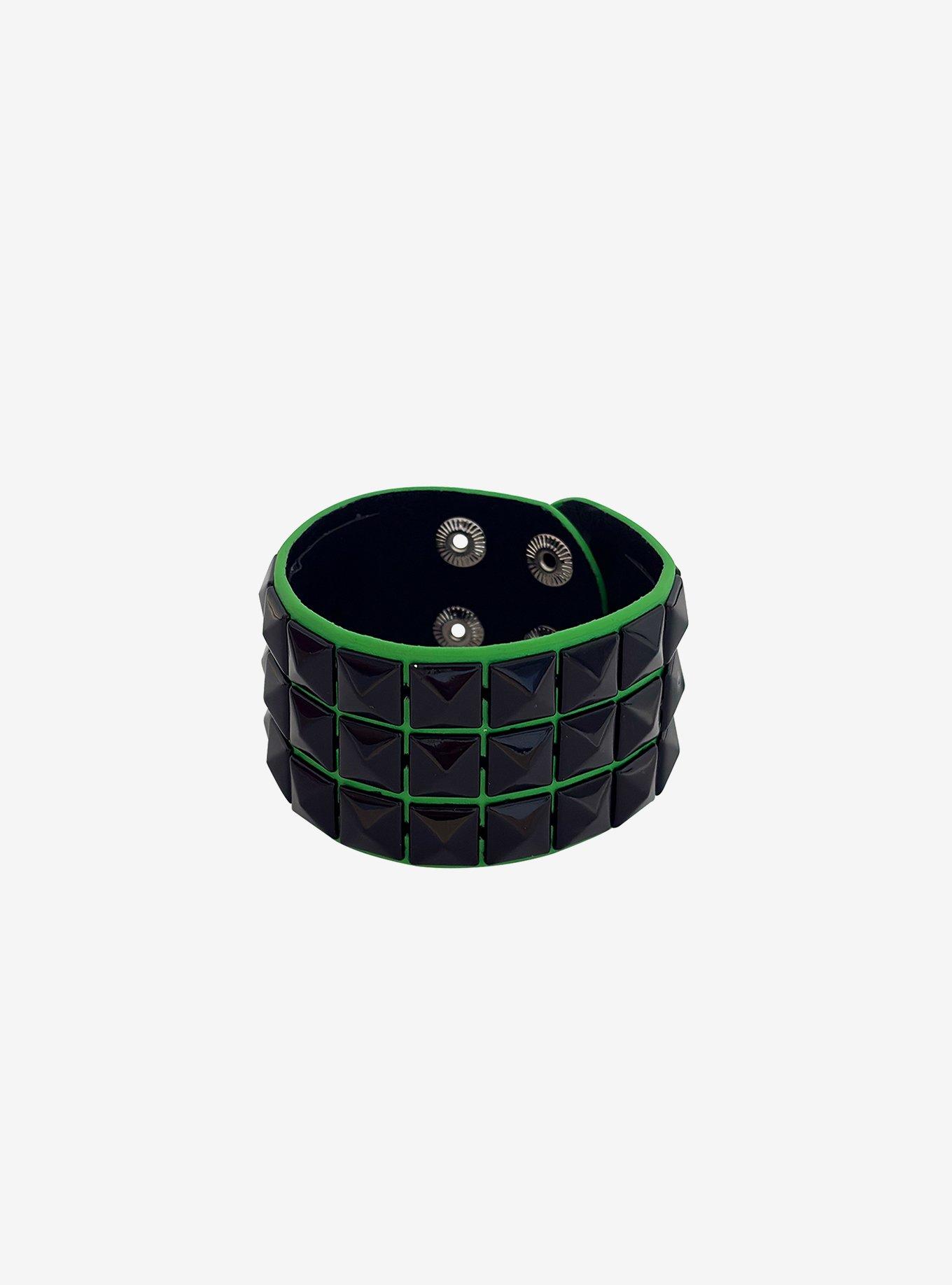 Black & Green Pyramid Stud Cuff Bracelet, , hi-res