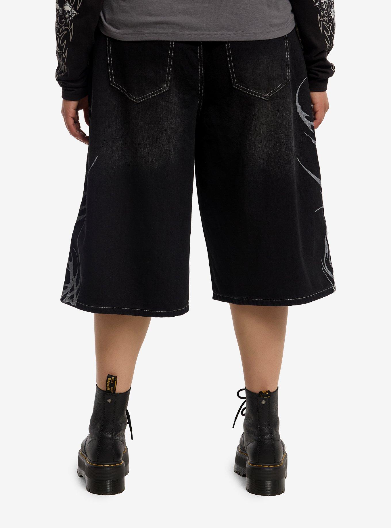 Social Collision Black Cyber Flame Side Chain Jorts Plus Size, , hi-res