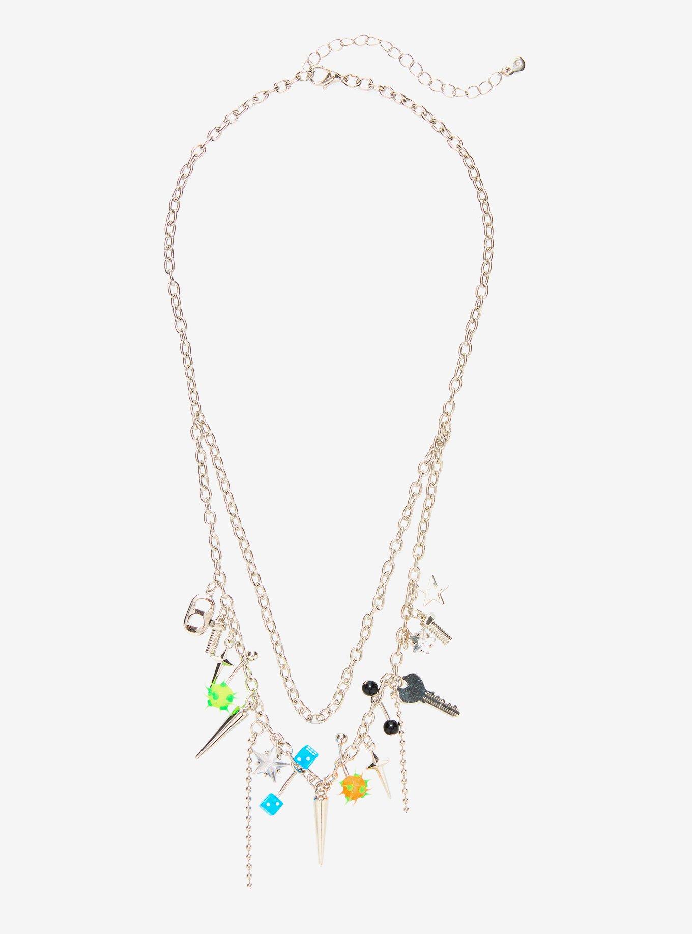 Spike Ball Key Layered Charm Necklace, , hi-res
