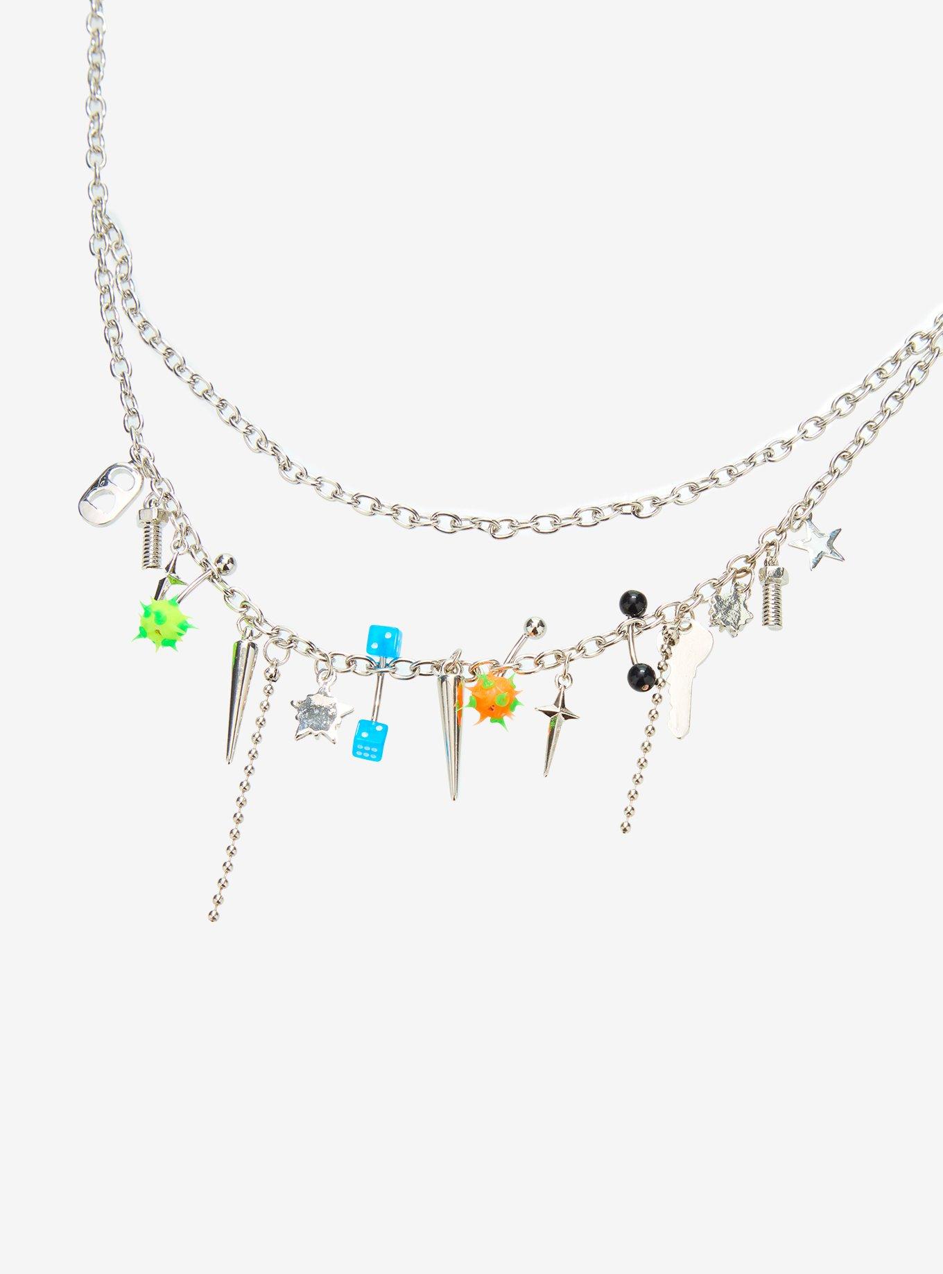 Spike Ball Key Layered Charm Necklace, , alternate