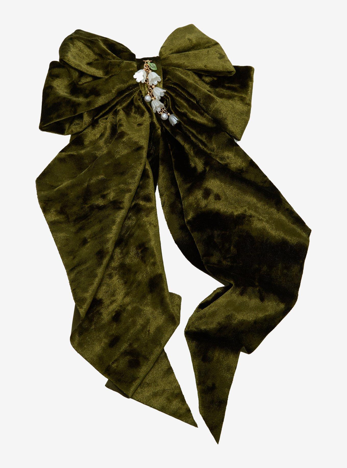 Thorn & Fable Green Velvet Flower Hair Bow, , hi-res