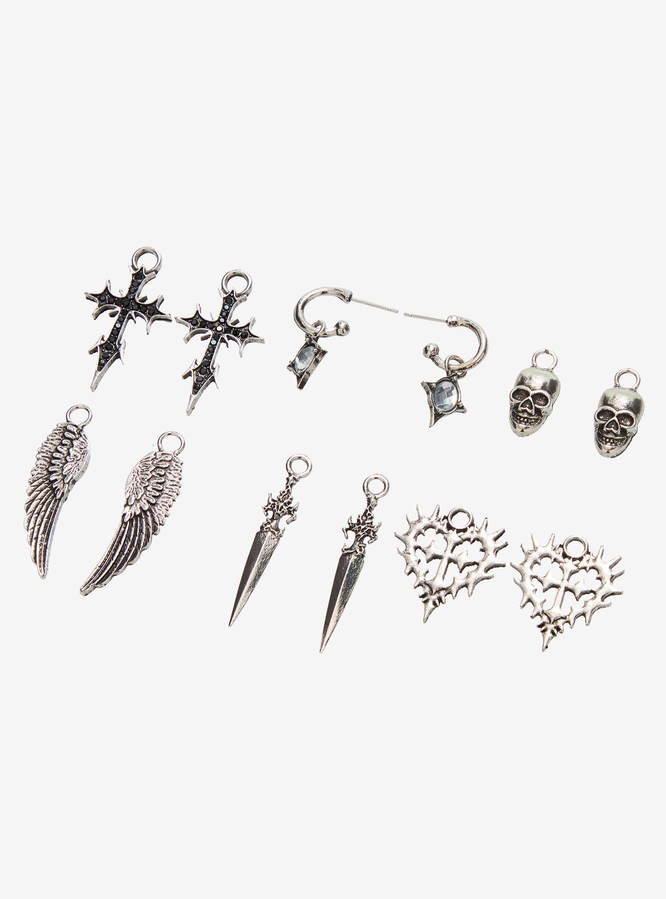 Social Collision Cyber Skull Wing Interchangeable Charm Earring Set, , alternate