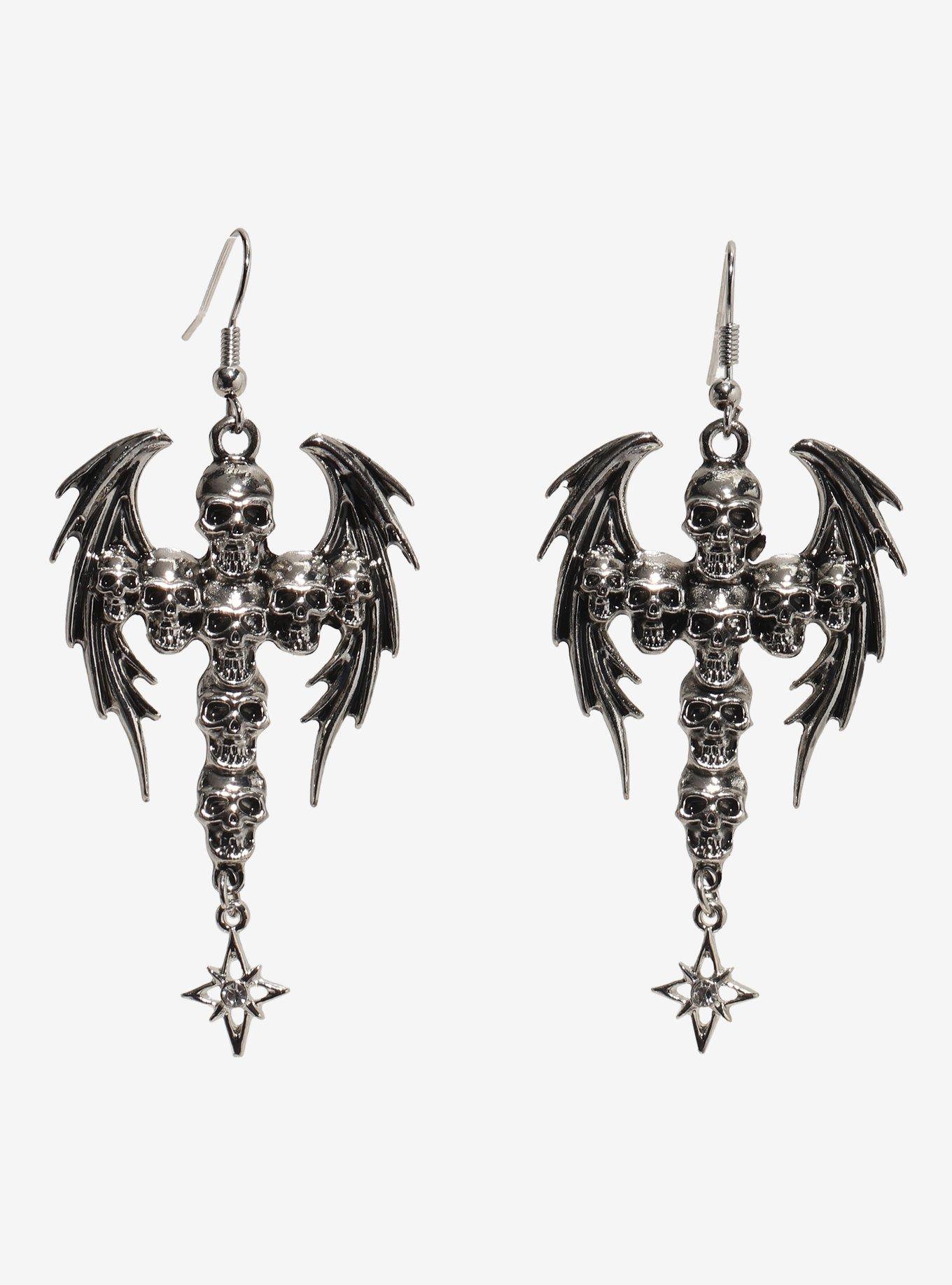 Social Collision Skull Cross Wing Earrings, , hi-res