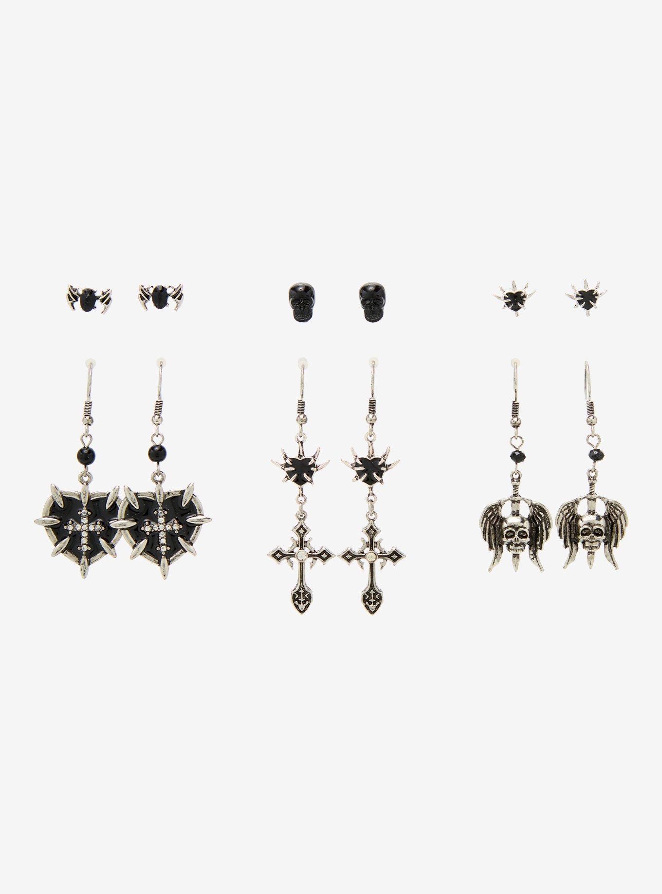 Social Collision Cyber Spike Heart Skull Earring Set, , hi-res