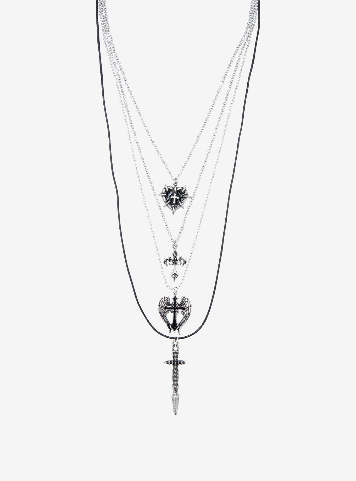 Social Collision Winged Cross Dagger Necklace Set, , hi-res