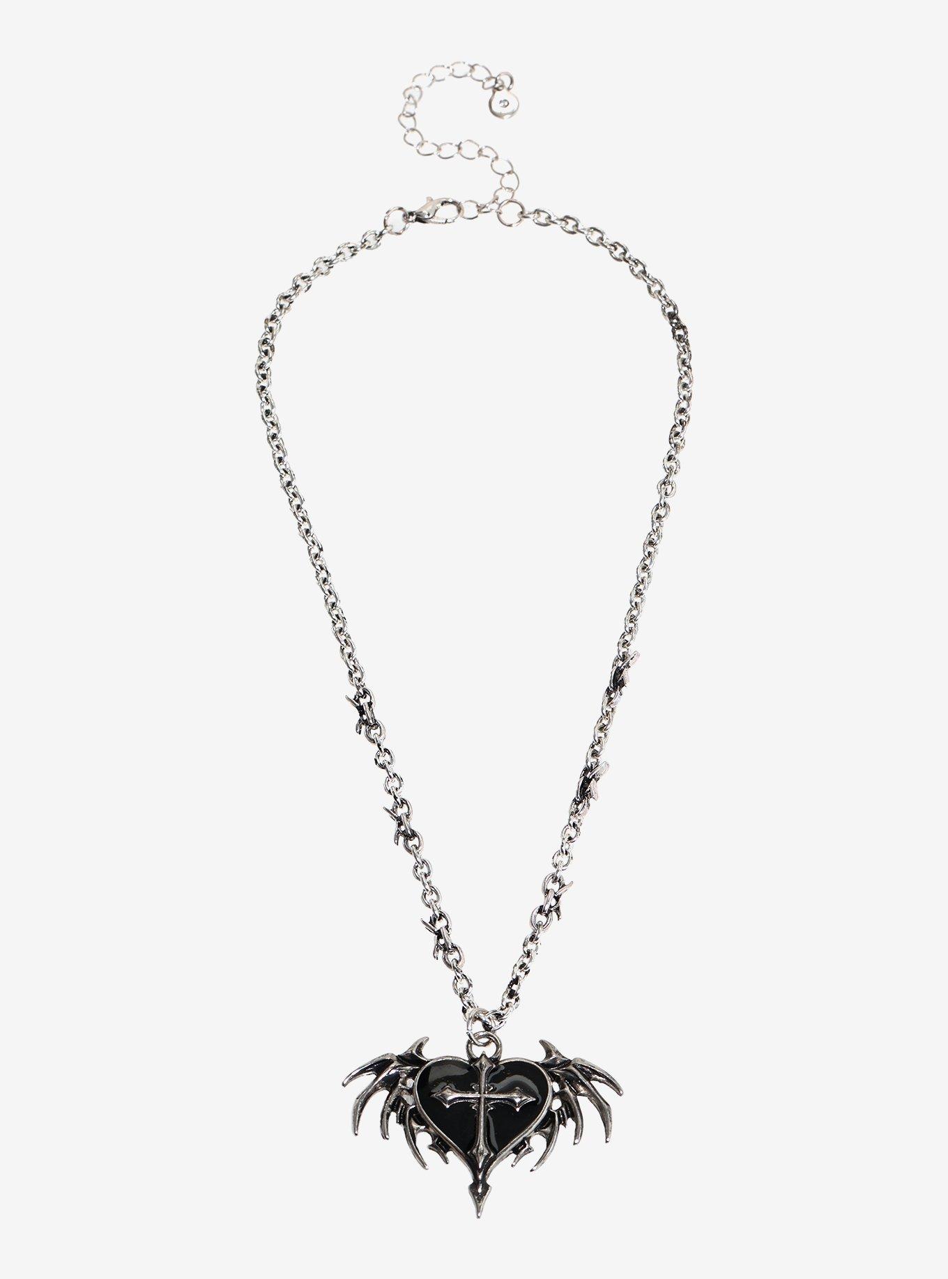 Social Collision Heart Batwing Cross Pendant Necklace, , hi-res