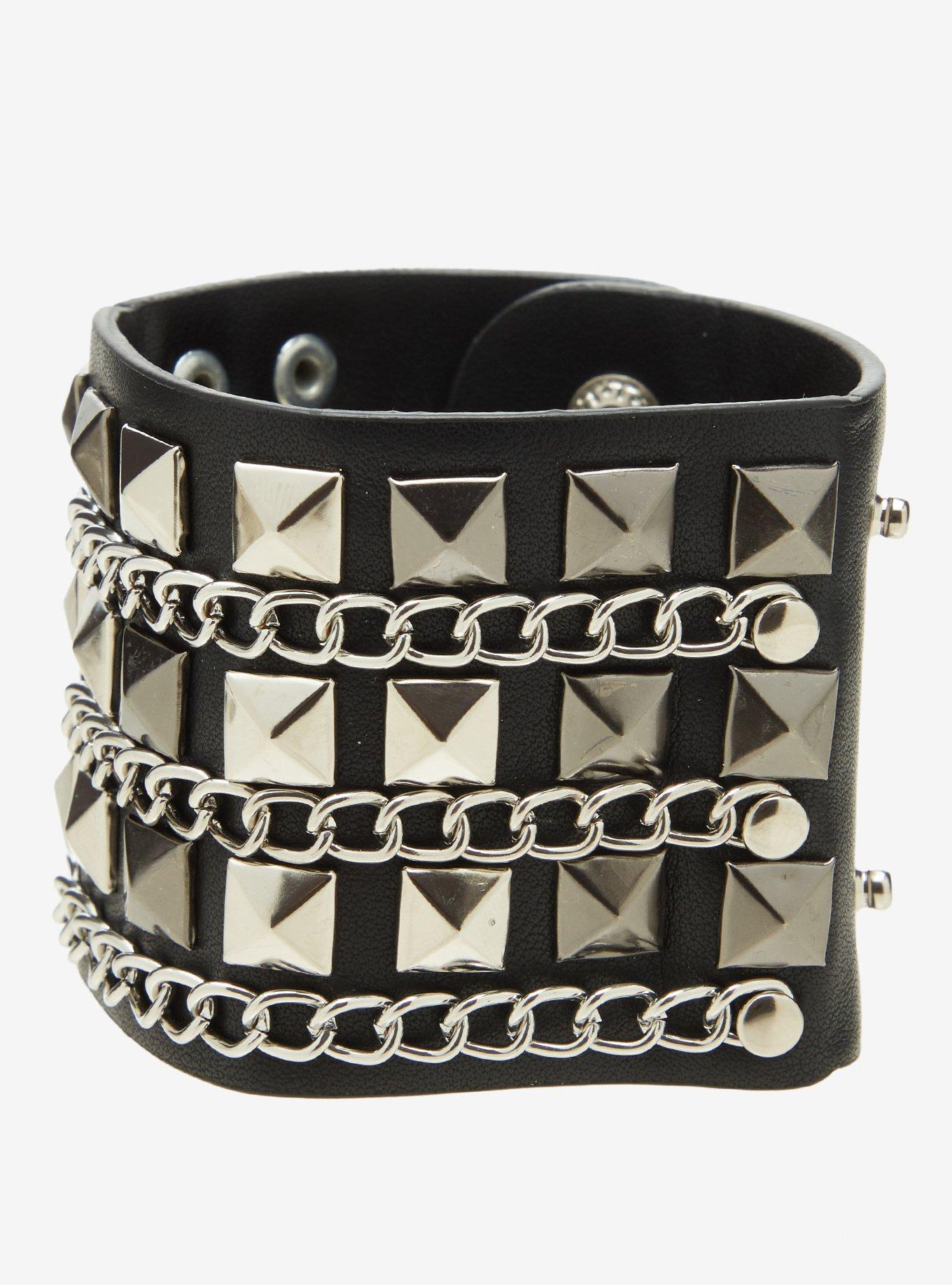 Social Collision Pyramid Stud Chain Cuff Bracelet, , hi-res