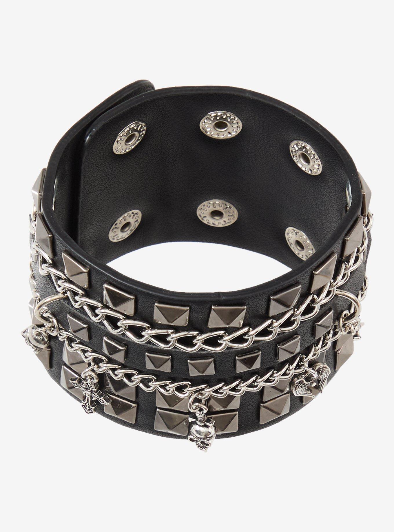 Social Collision Pyramid Stud Skull Chain Cuff Bracelet, , hi-res