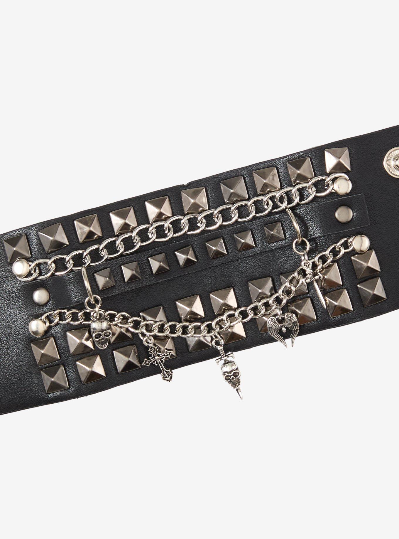 Social Collision Pyramid Stud Skull Chain Cuff Bracelet, , alternate