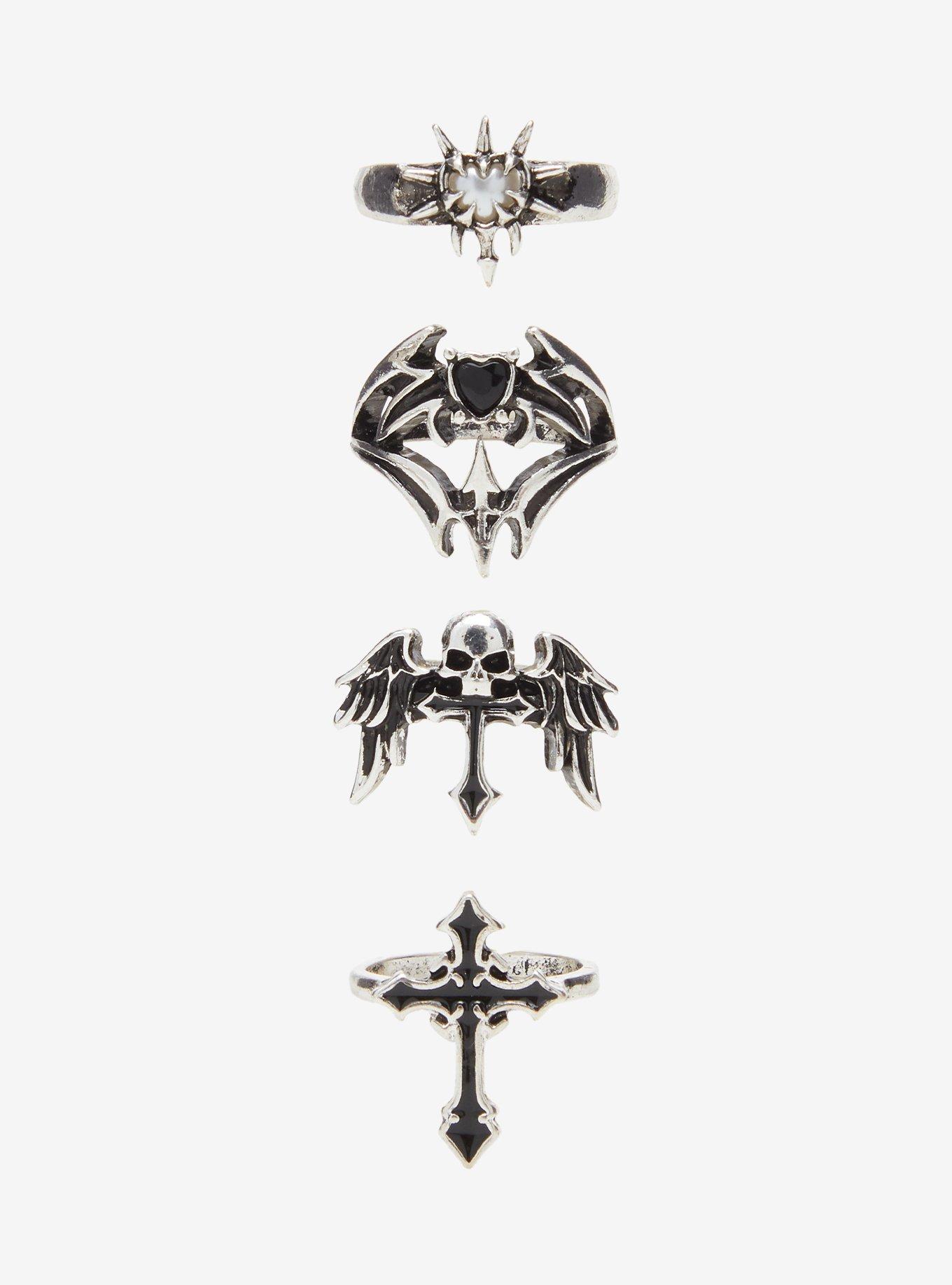 Social Collision Winged Skull Cross Heart Ring Set, , hi-res