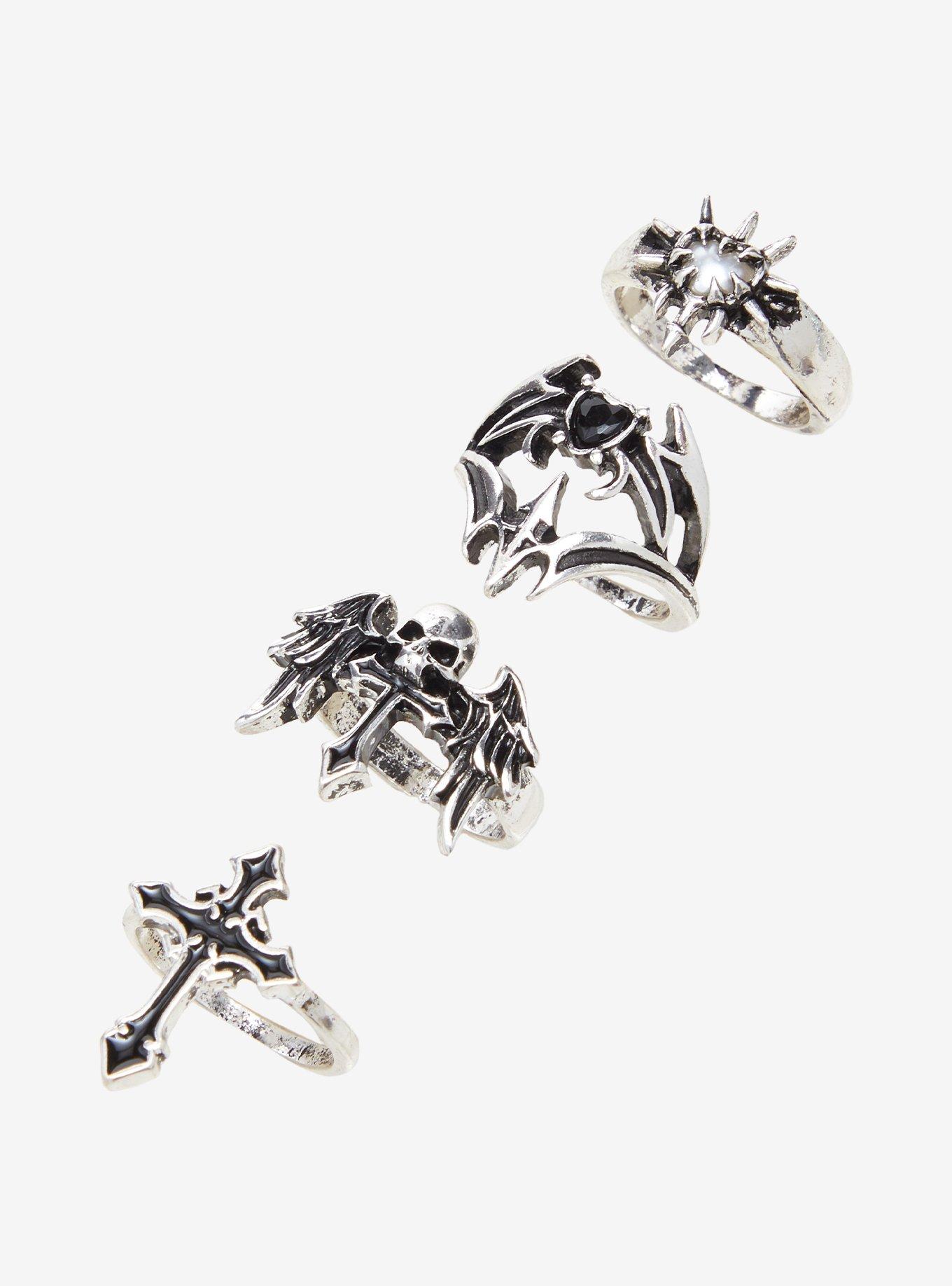 Social Collision Winged Skull Cross Heart Ring Set, , alternate