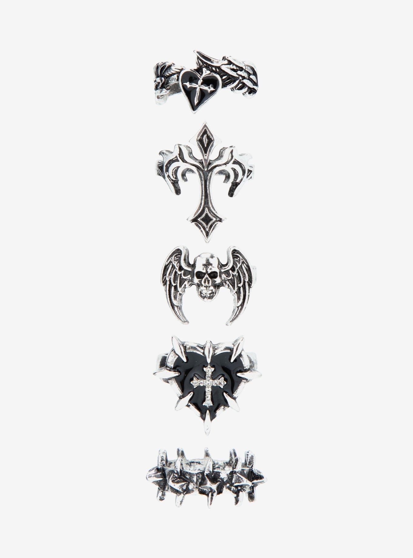 Social Collision Winged Skull Gothic Cross Ring Set, , hi-res