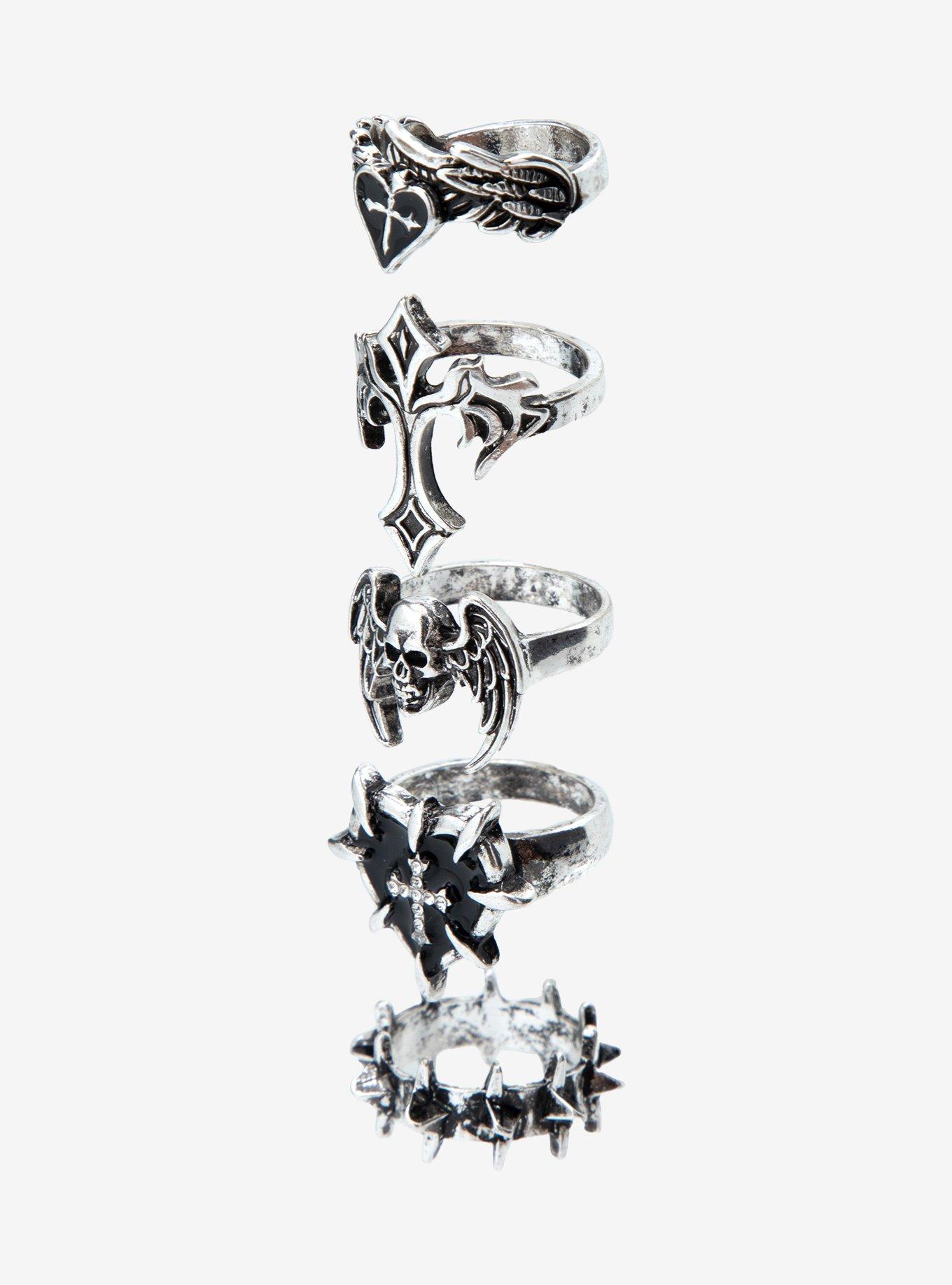 Social Collision Winged Skull Gothic Cross Ring Set, , alternate