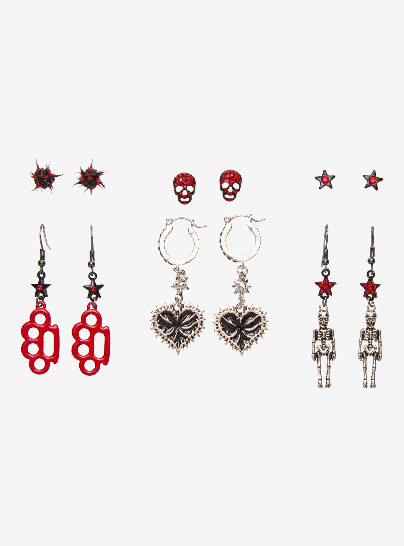 Black & Red Skull Brass Knuckles Heart Earring Set, , hi-res