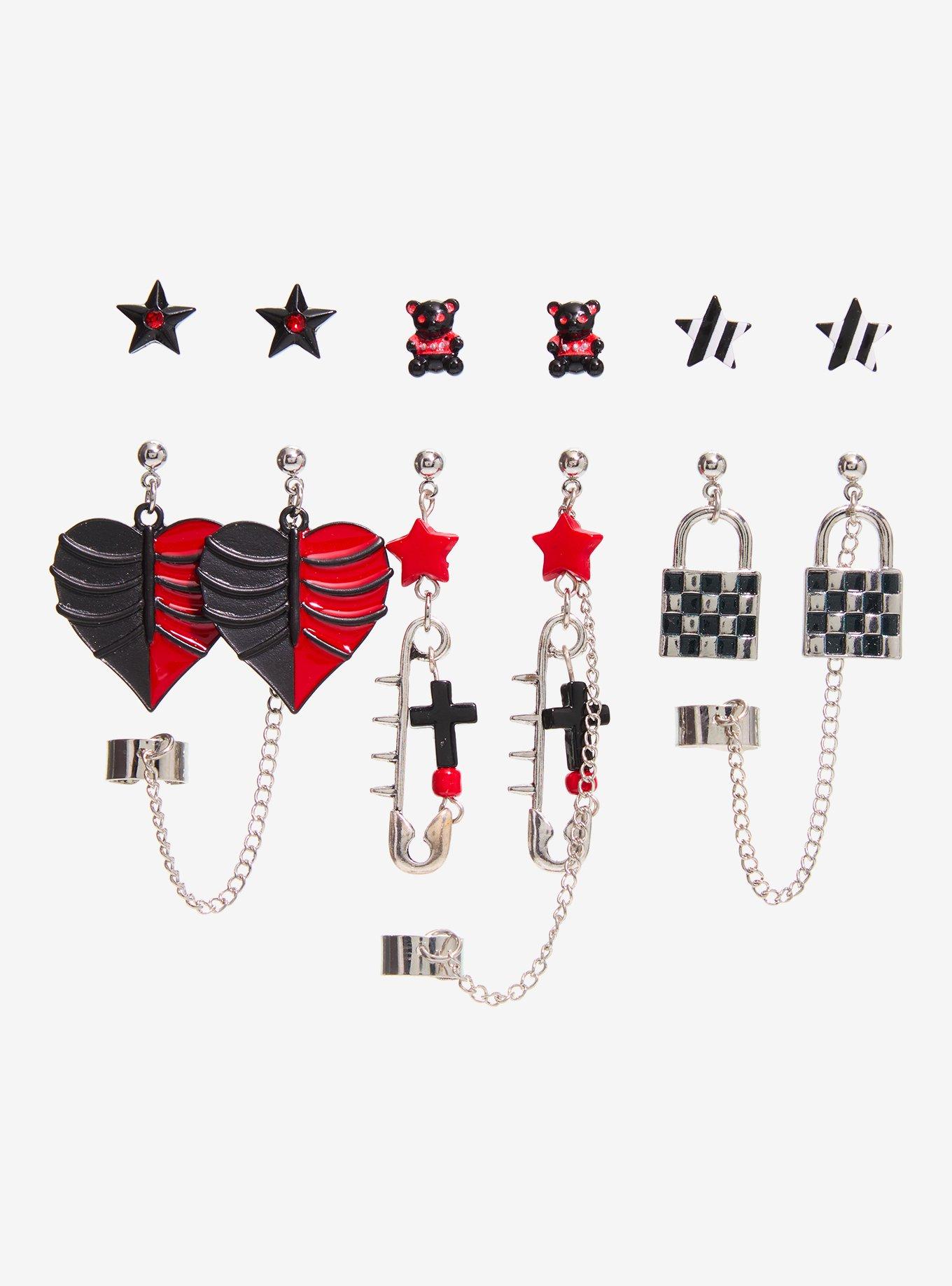 Red & Black Rib Cage Heart Lock Cuff Earring Set, , hi-res