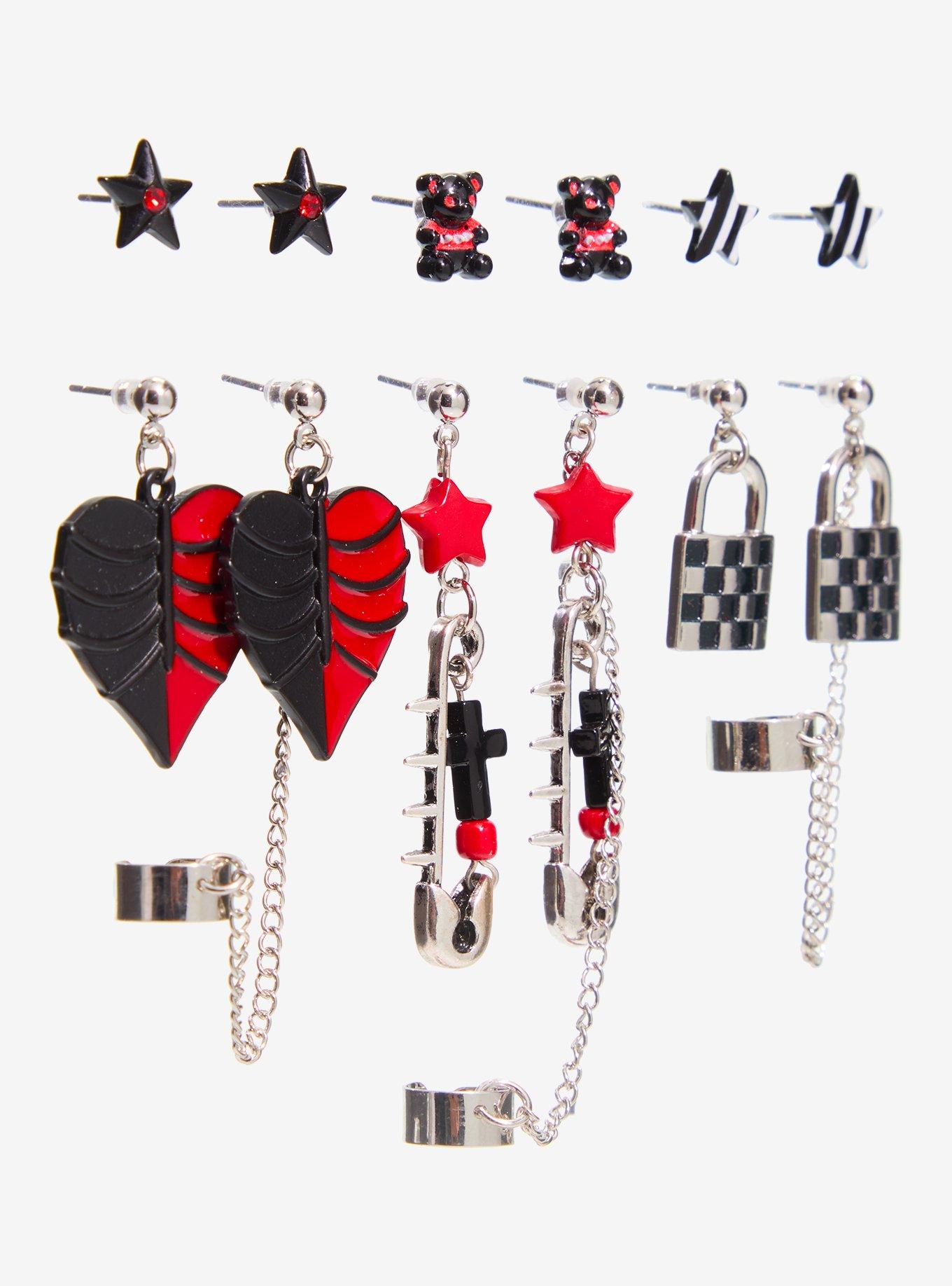 Red & Black Rib Cage Heart Lock Cuff Earring Set, , alternate